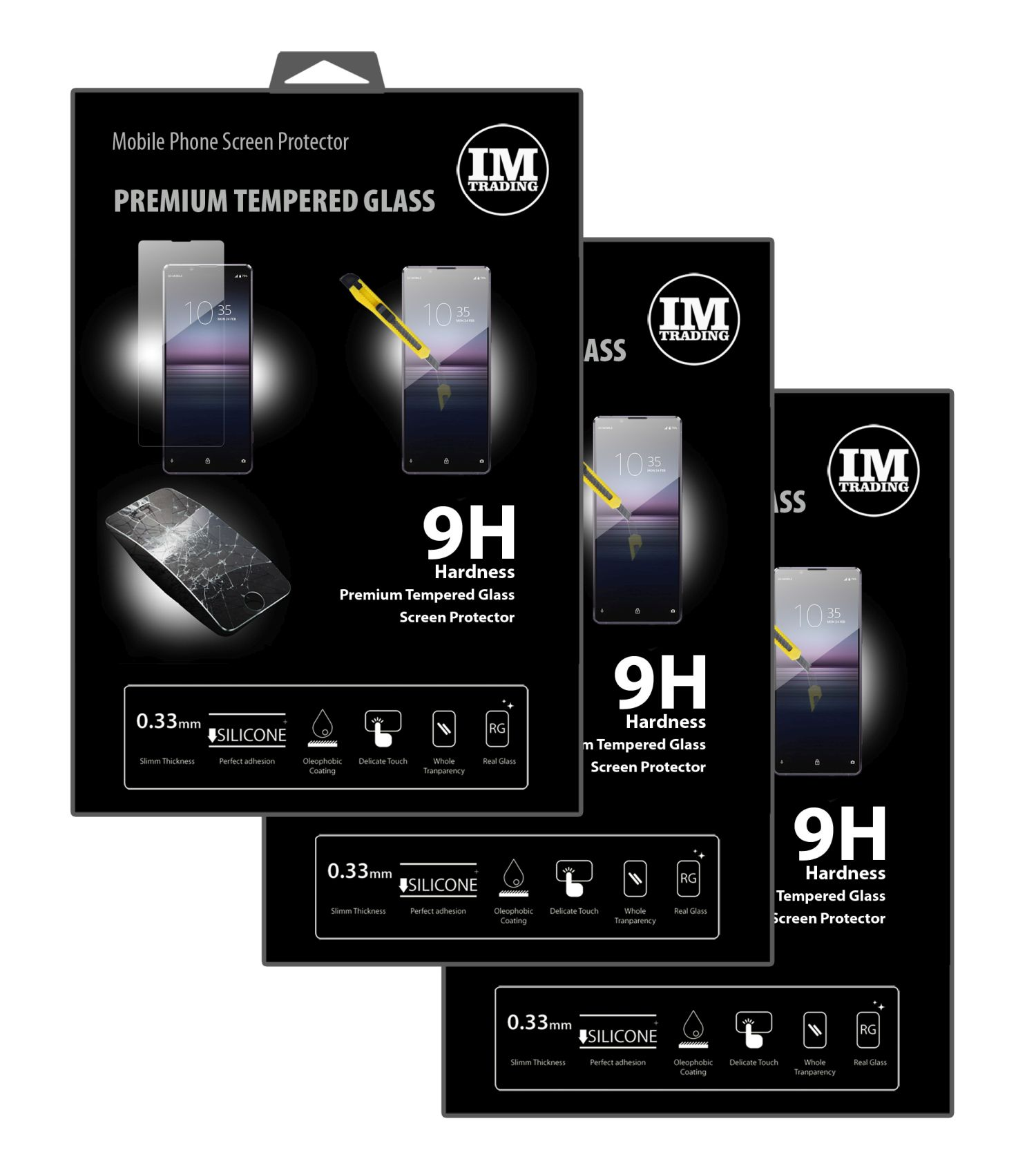 Drei Schachteln Displayschutzfolien mit Handys und Text: Premium Tempered Glass, 9H Härte.