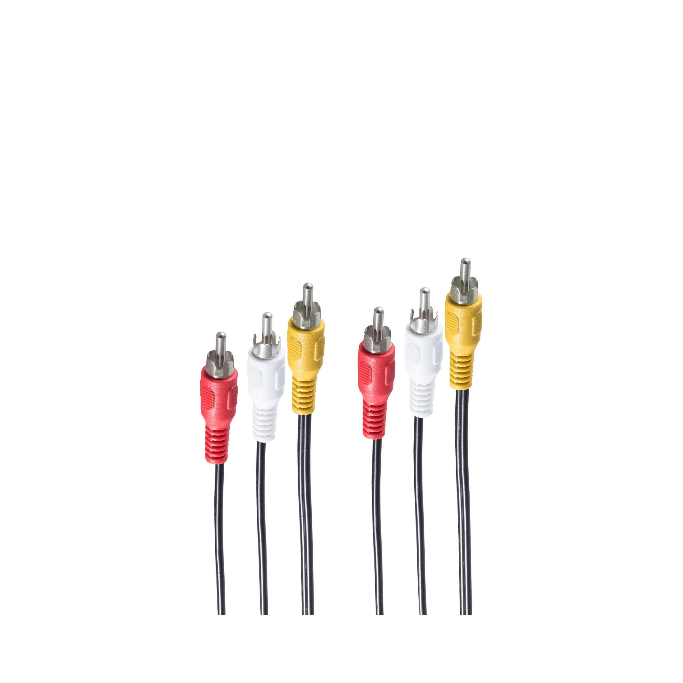Sechs Cinch-Kabel mit roten, weißen und gelben Steckern. Weißer Hintergrund.
