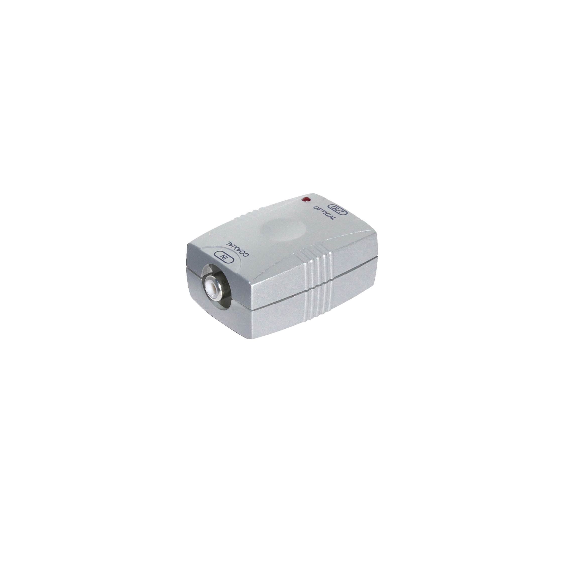 Ein kleines, silbernes, rechteckiges Gerät mit Anschlüssen mit der Bezeichnung 'COAXIAL' und 'OPTICAL'.