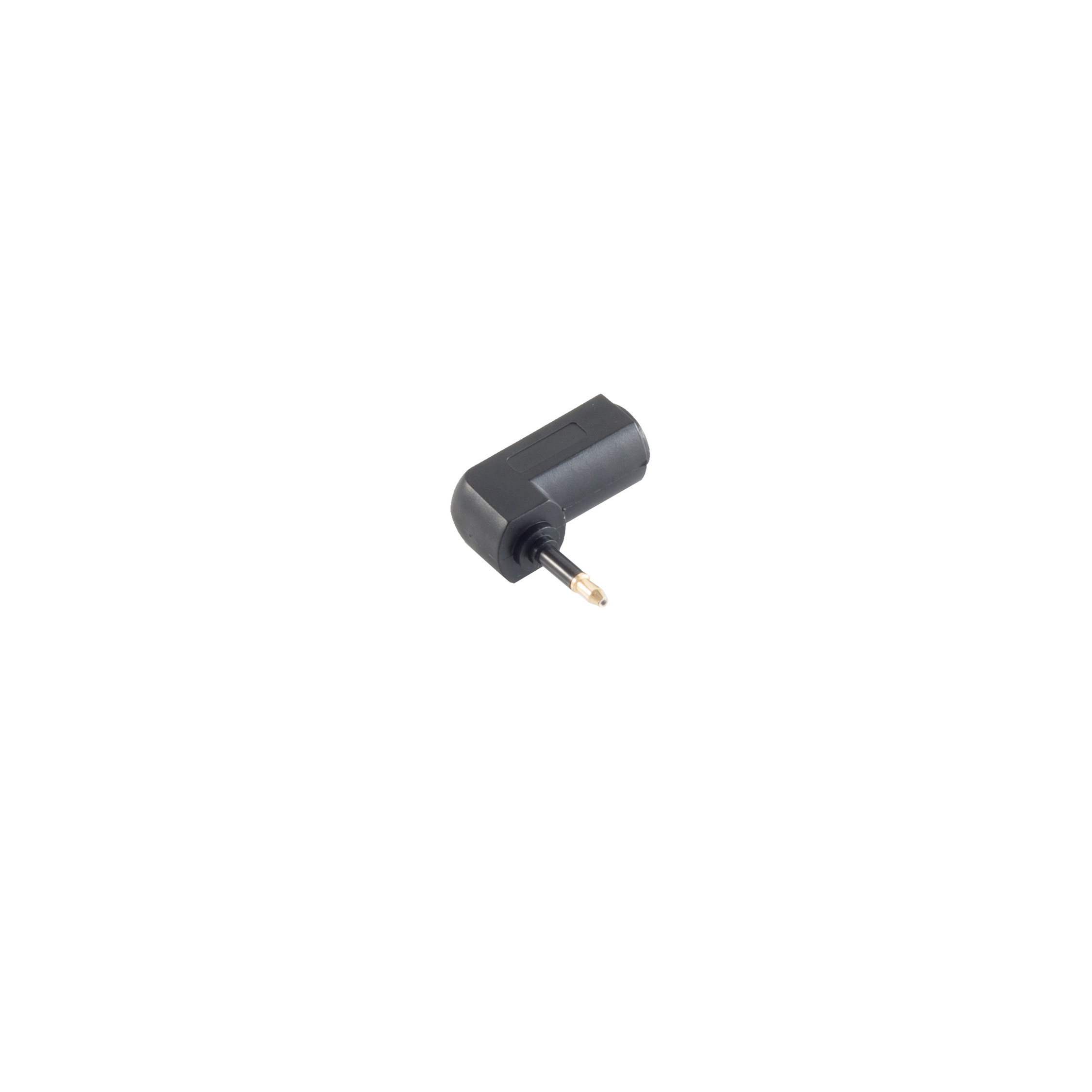 Schwarzer rechtwinkliger 3,5-mm-Audioadapter, isoliert auf weißem Hintergrund.