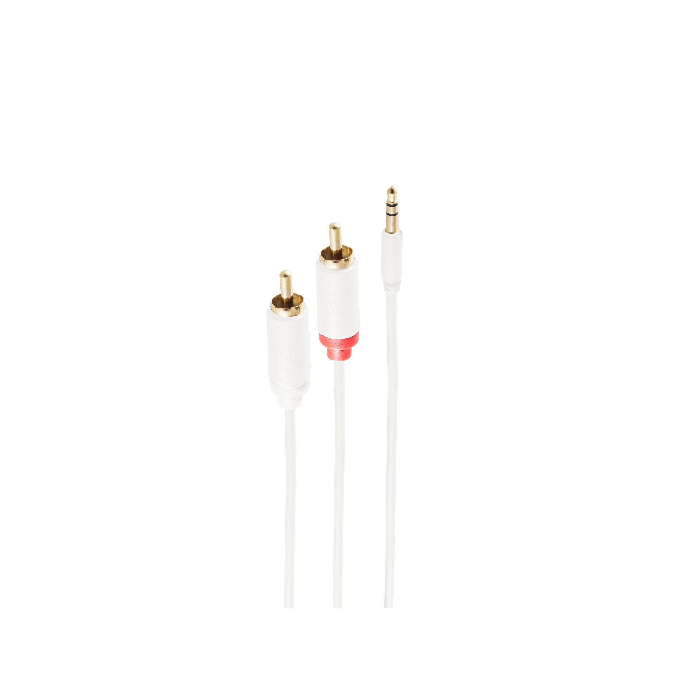 Drei weiße Audiokabel. Eines mit 3,5-mm-Klinke und zwei mit Cinch-Anschlüssen.