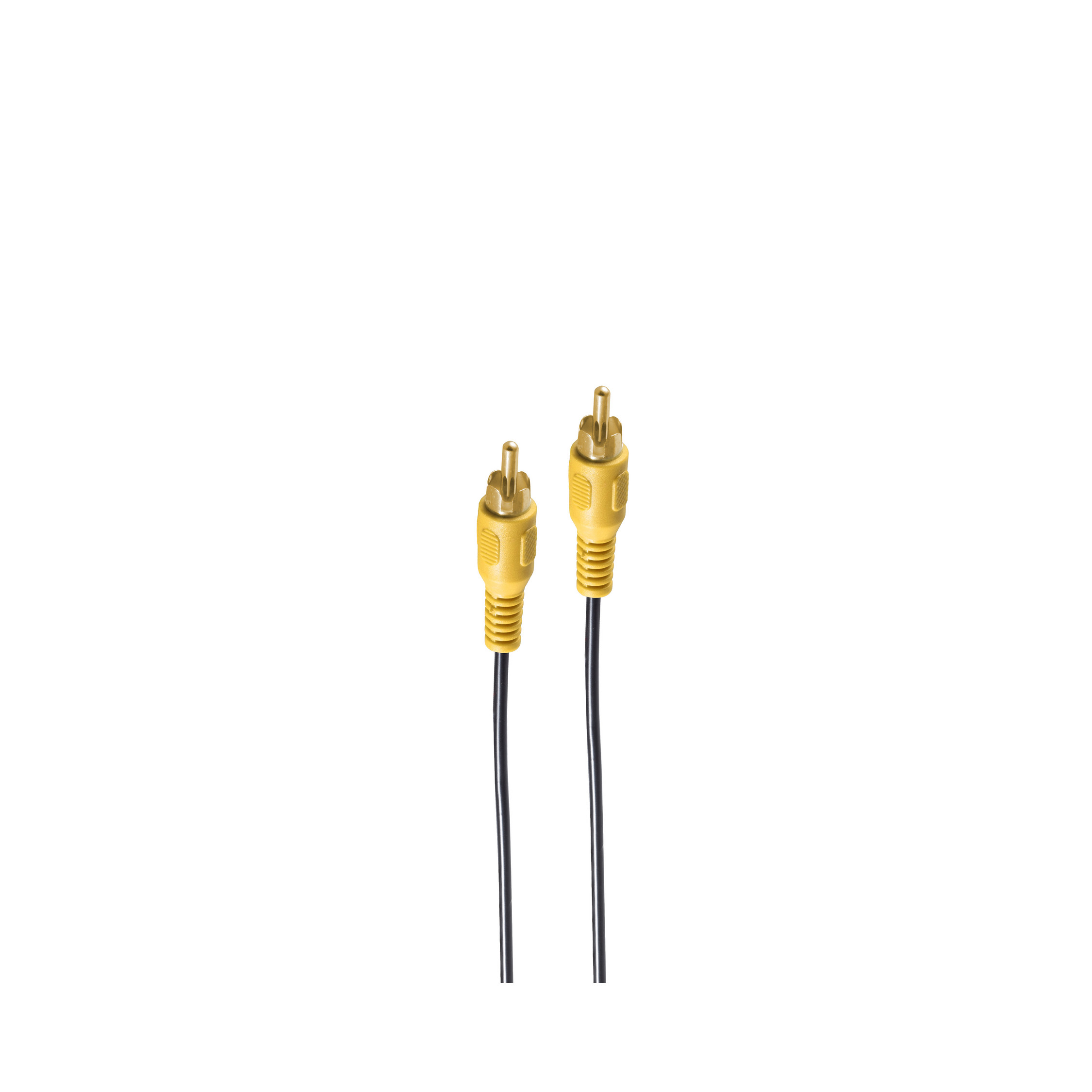 Zwei gelbe Cinch-Kabel mit schwarzen Drähten vor weißem Hintergrund.