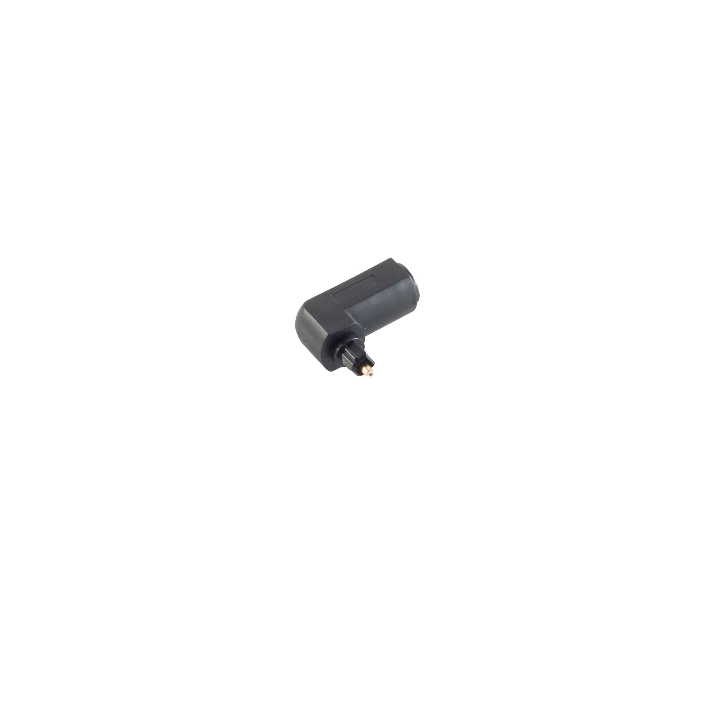 Schwarzer, abgewinkelter optischer Audioadapter auf weißem Hintergrund.