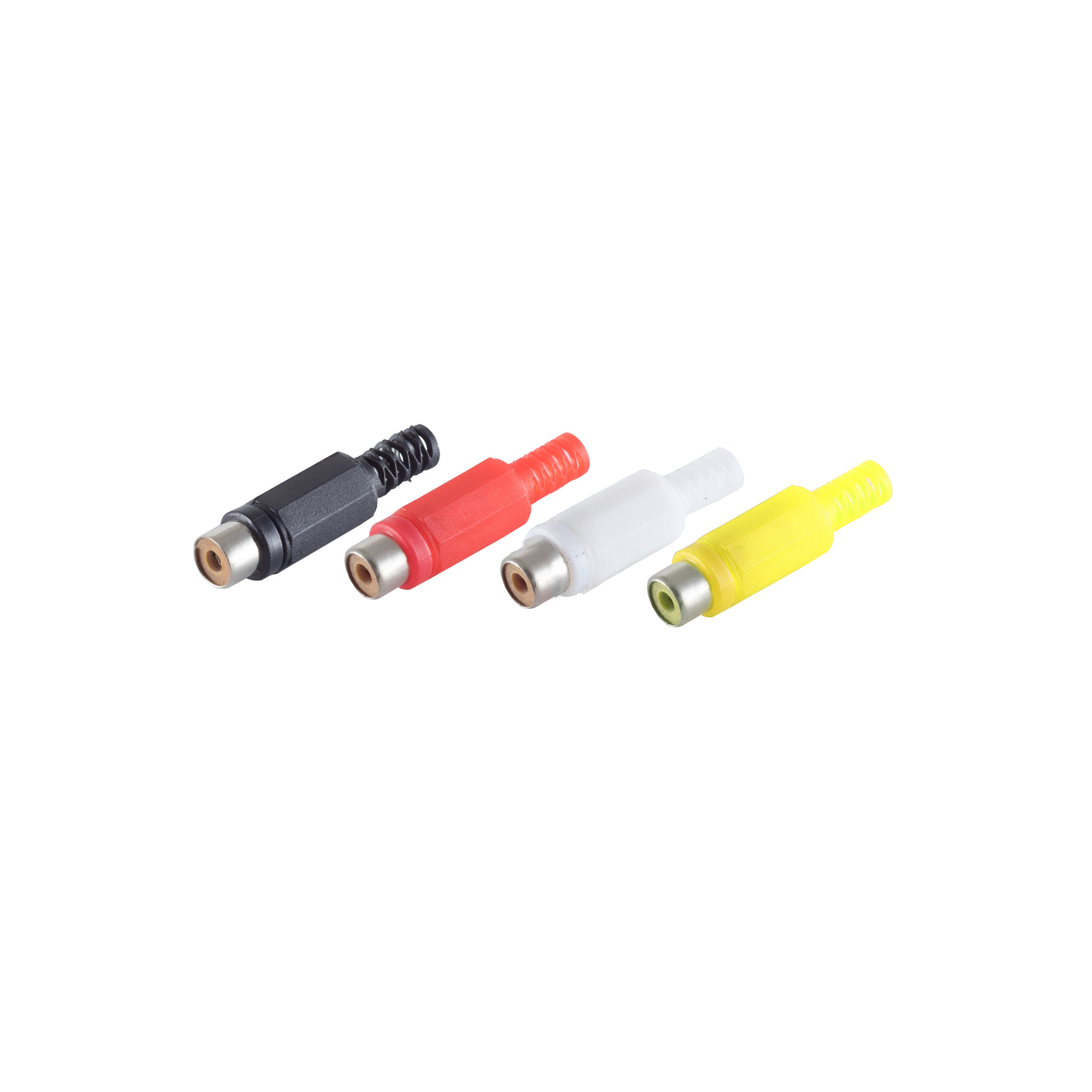 Vier Cinch-Stecker in verschiedenen Farben: schwarz, rot, weiß und gelb.