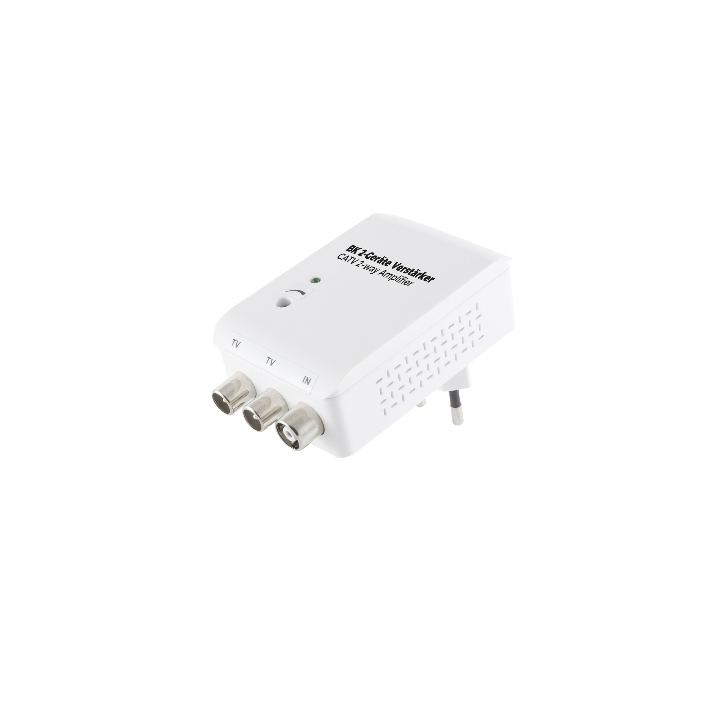 Ein weißer CATV 2-Wege-Verstärker mit Stecker und TV-, IN-Anschlüssen. Grünes Licht leuchtet.