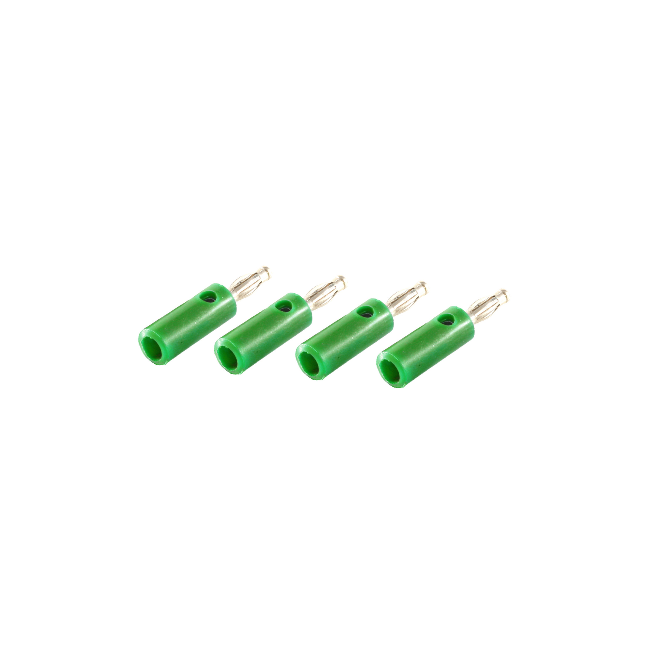 Vier grüne Bananenstecker auf weißem Hintergrund, horizontal ausgerichtet.