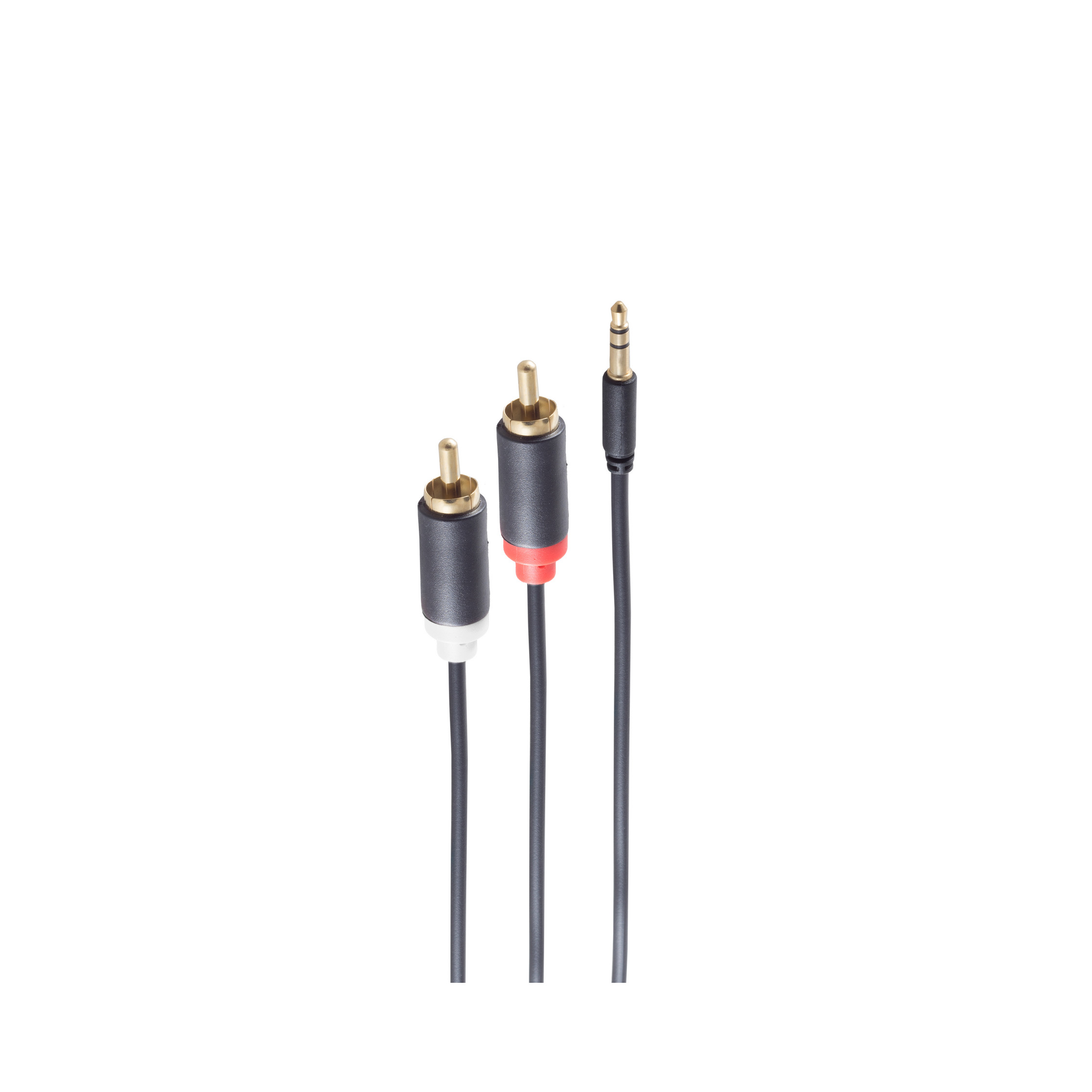 Drei Audiokabel mit Anschlüssen: ein 3,5-mm- und zwei Cinch-Kabel.