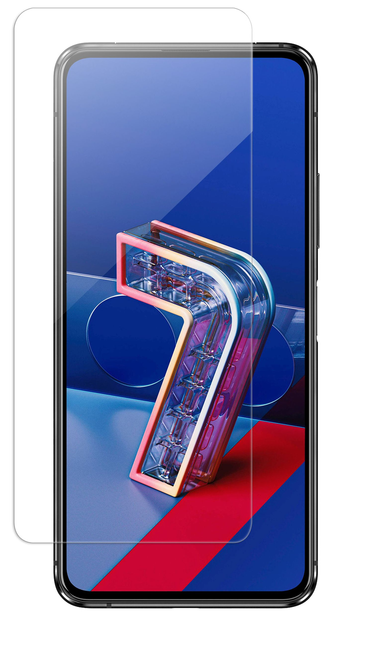 Smartphone mit Glasschutzfolie. Der Bildschirm zeigt eine bunte Zahl 7 auf blauem Hintergrund.