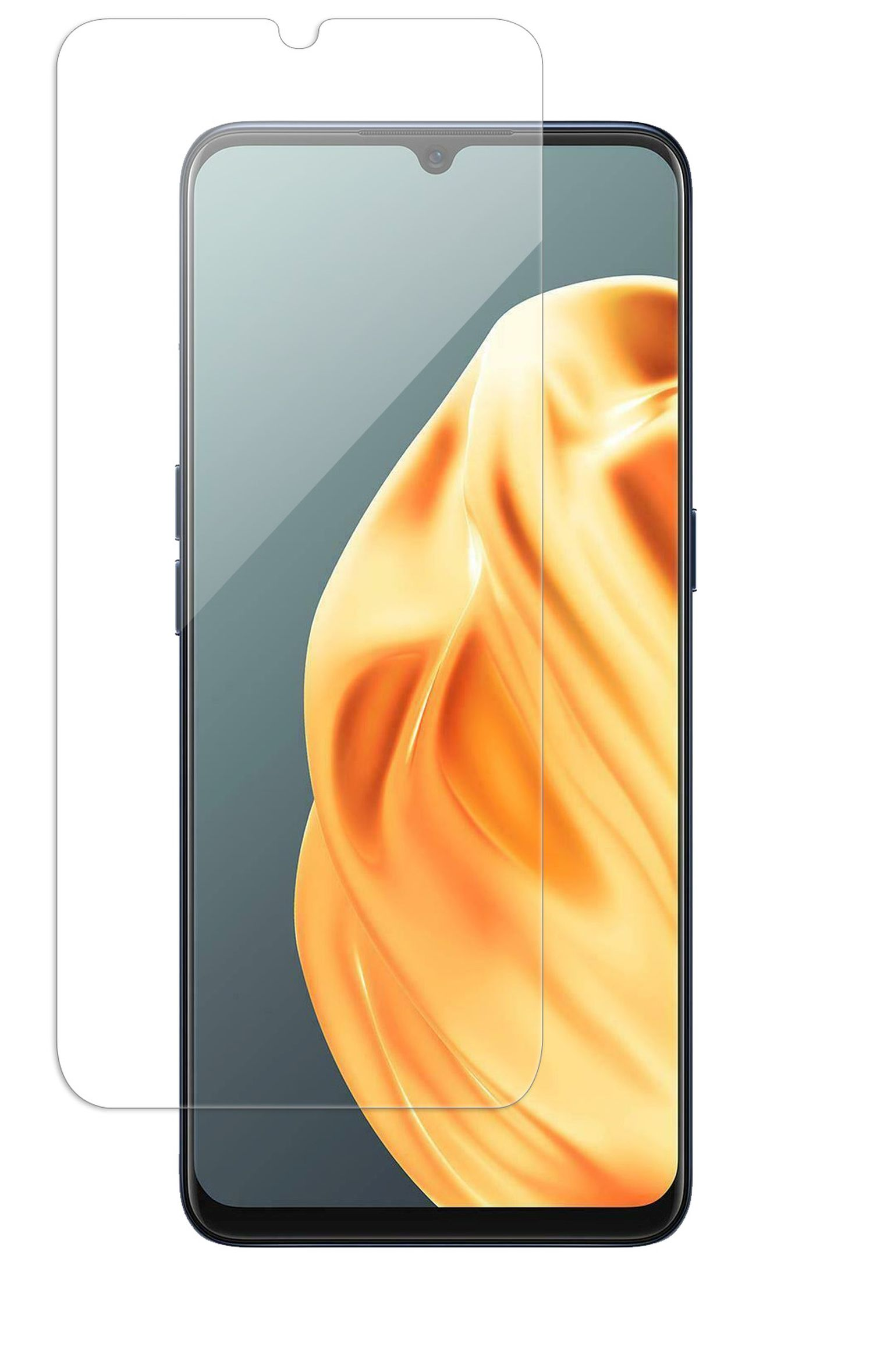 Smartphone mit Displayschutz, mit transparenter Abdeckung über dem Bildschirm, vor weißem Hintergrund.
