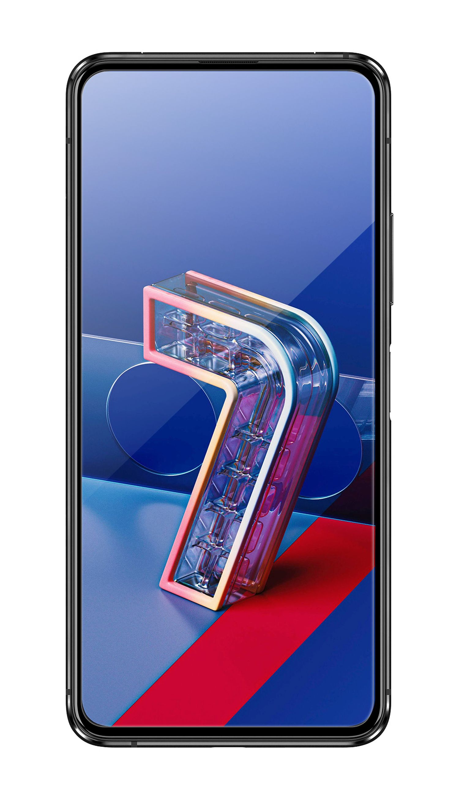 Smartphone mit farbenfroher Sieben auf dem Bildschirm und blauem Hintergrund.