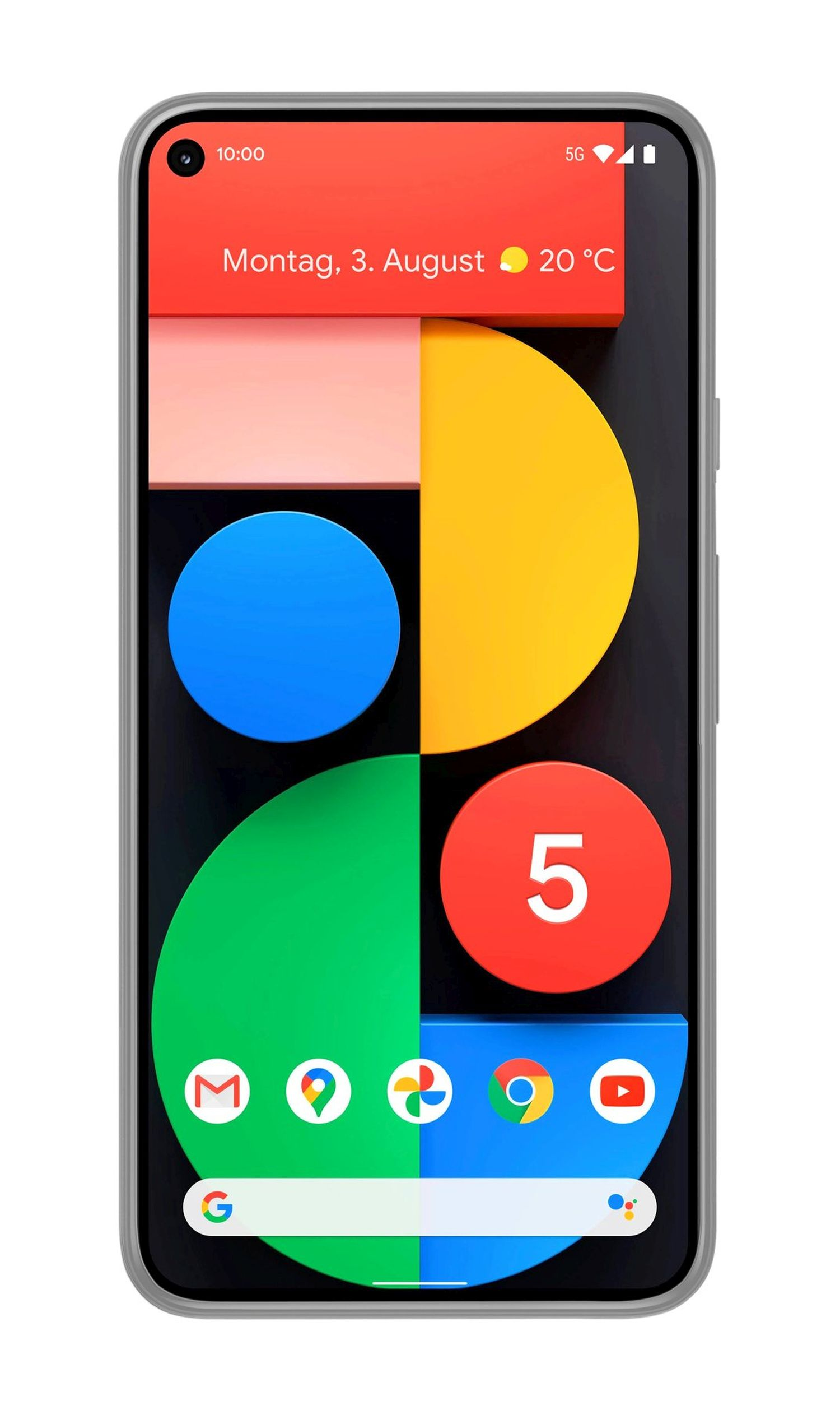 Smartphone mit farbenfrohen Widgets. Datum und Uhrzeit sind sichtbar. Das Telefon hat einen grauen Rahmen und einen weißen Hintergrund.