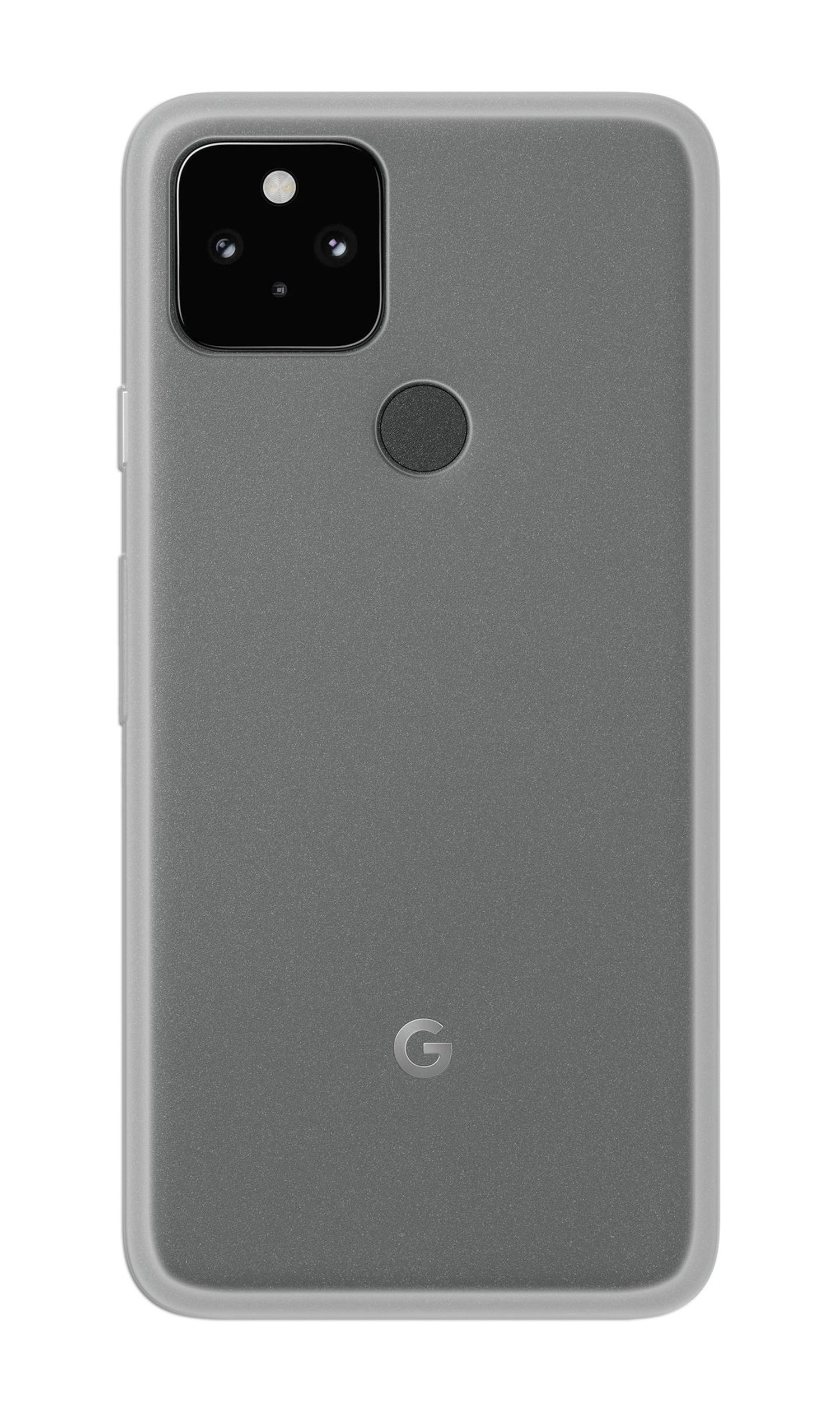 Graue Handyhülle mit Kameramodul und Google-Logo auf weißem Hintergrund.