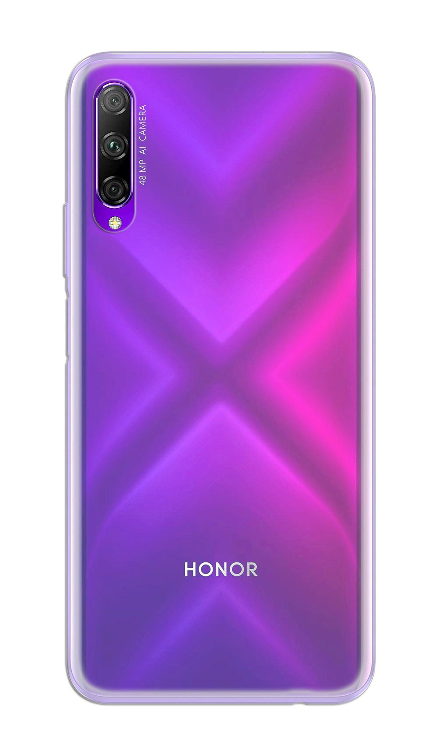 Lila Honor-Telefonrückseite mit kreuzförmigem Design. Hat eine transparente Hülle.