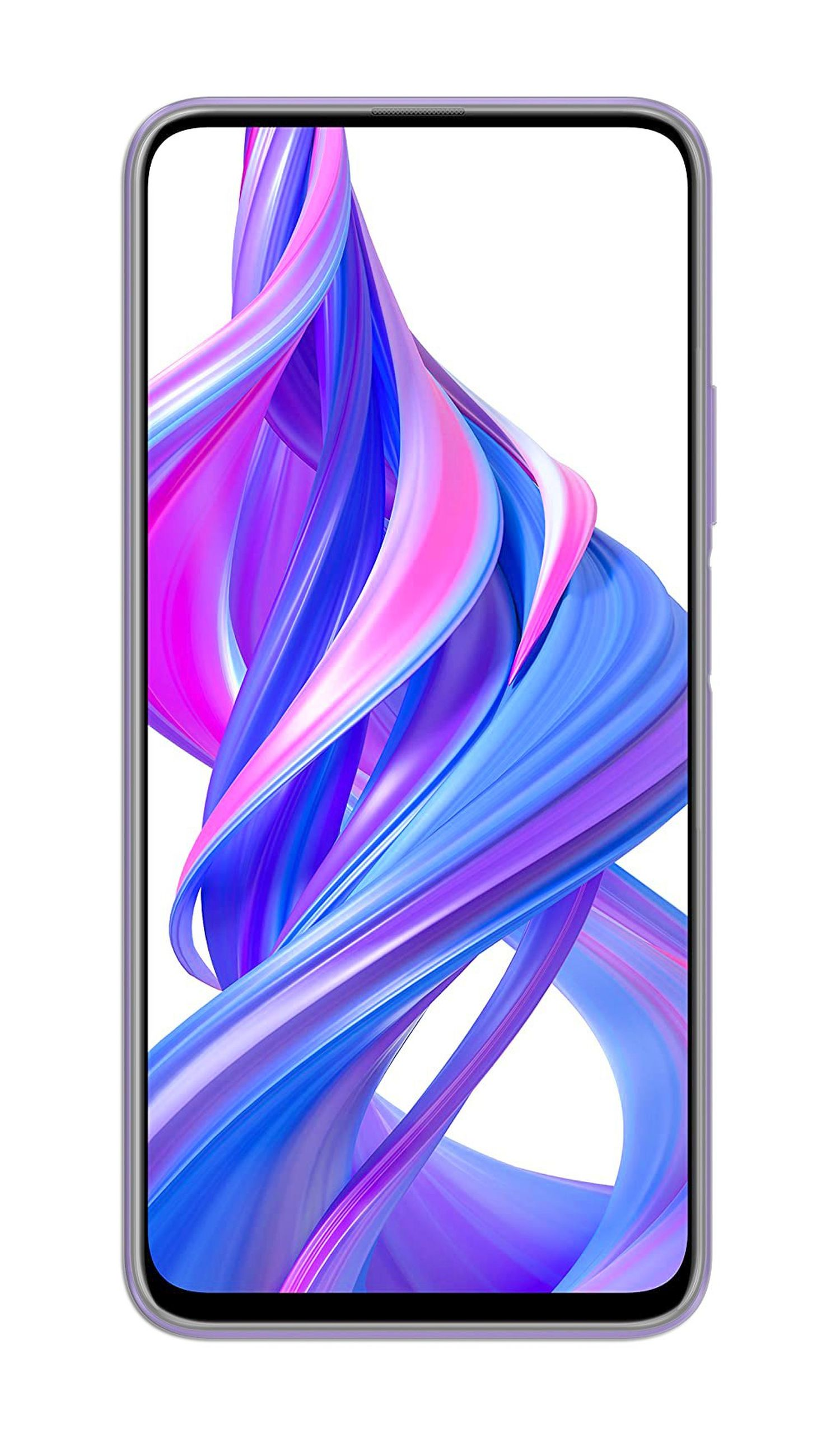 Lilafarbenes Telefon mit farbenfrohem, abstraktem Design auf dem Bildschirm. Weißer Hintergrund.