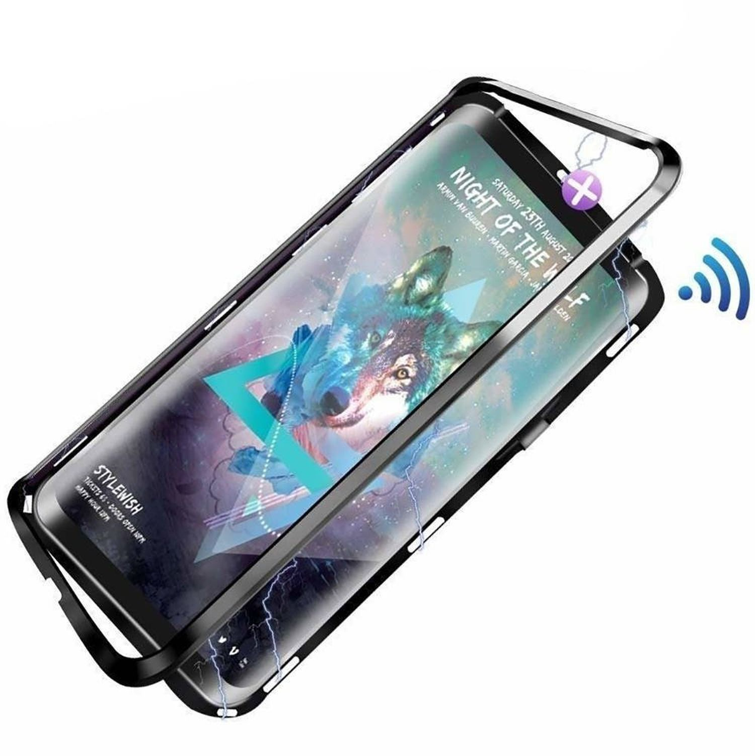 Geöffnete Handyhülle mit Wolfsbild und WLAN-Symbol. Schwarzer Rahmen und Hintergrund.