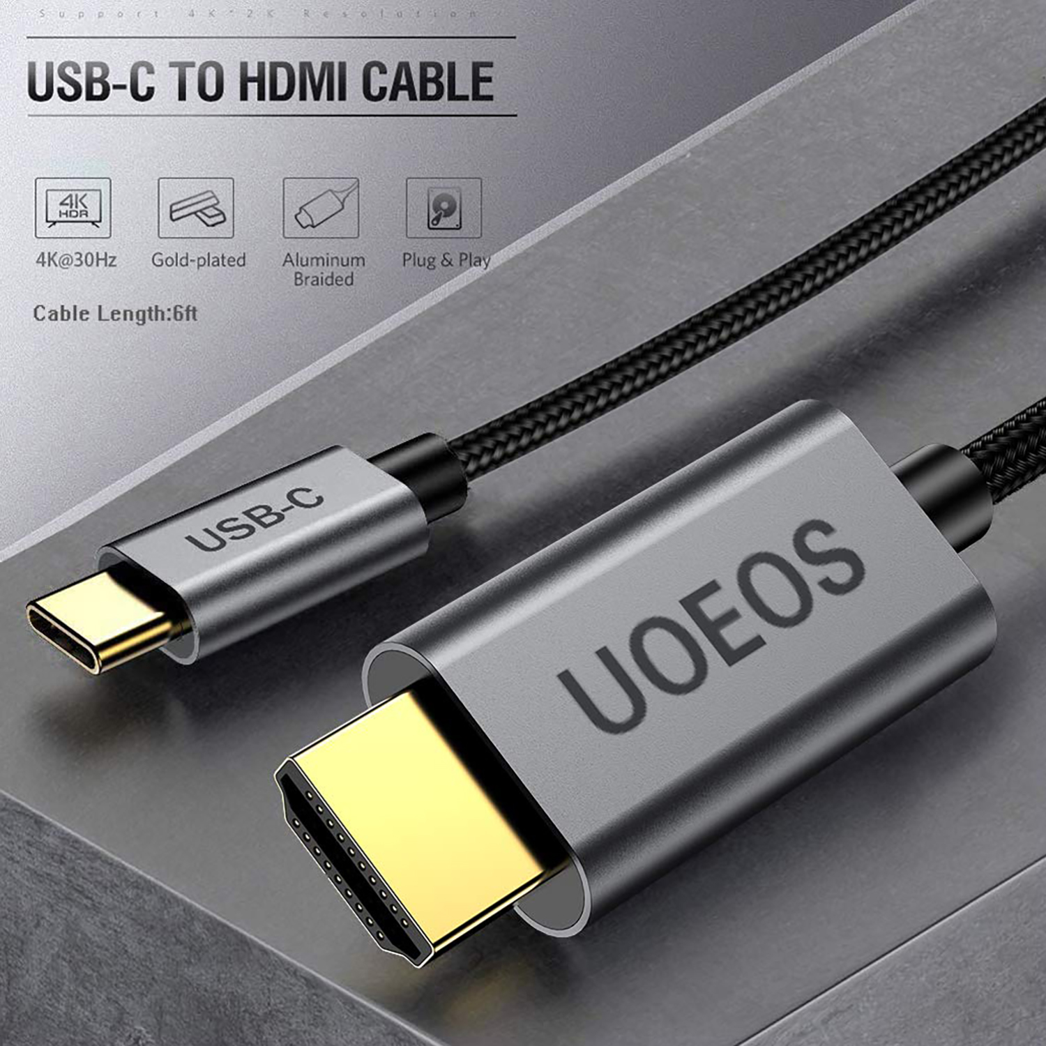 USB-C-auf-HDMI-Kabel mit Metallanschlüssen.