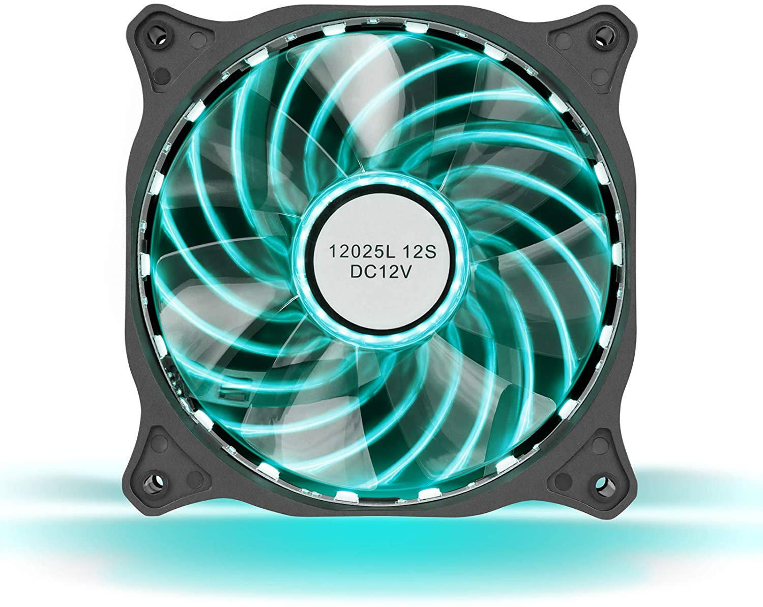 Computerlüfter mit blauen LED-Leuchten. Der Lüfter ist schwarz und die LEDs sind hell.