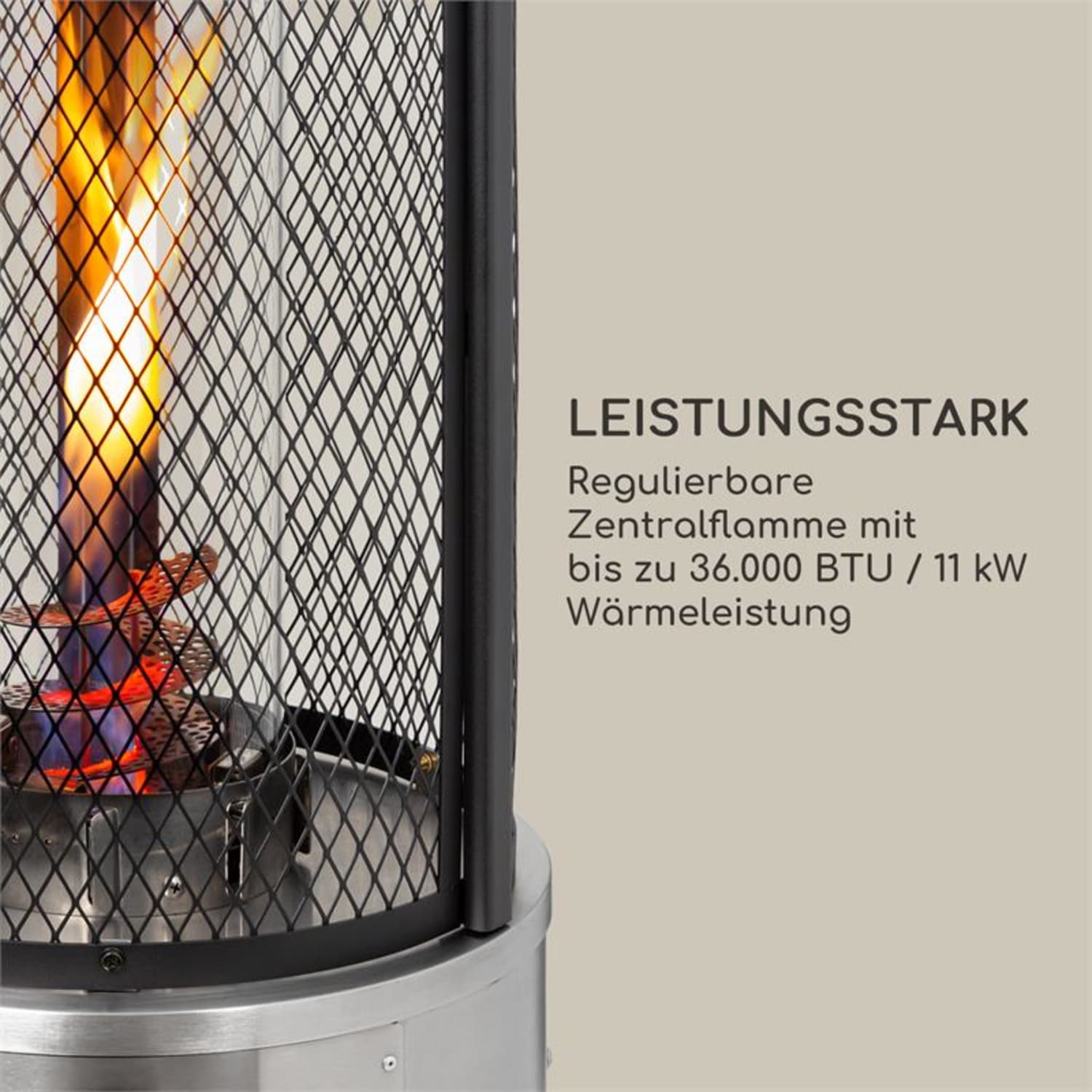Gasheizung mit Flamme. Text: Regulierbare Zentralflamme mit bis zu 36.000 BTU / 11 kW Wärmeleistung.