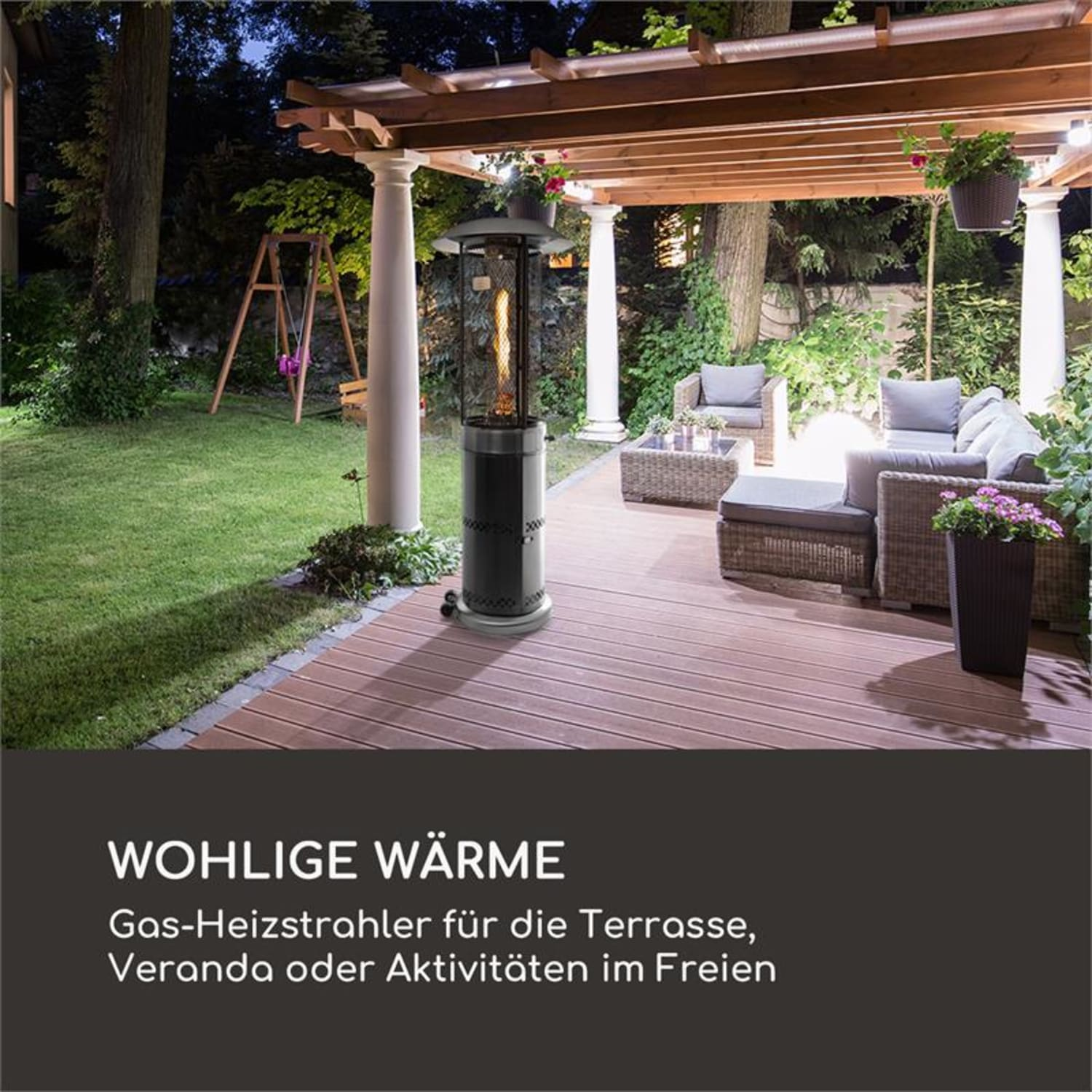 Ein Terrassenheizer auf einem Deck, mit Text.