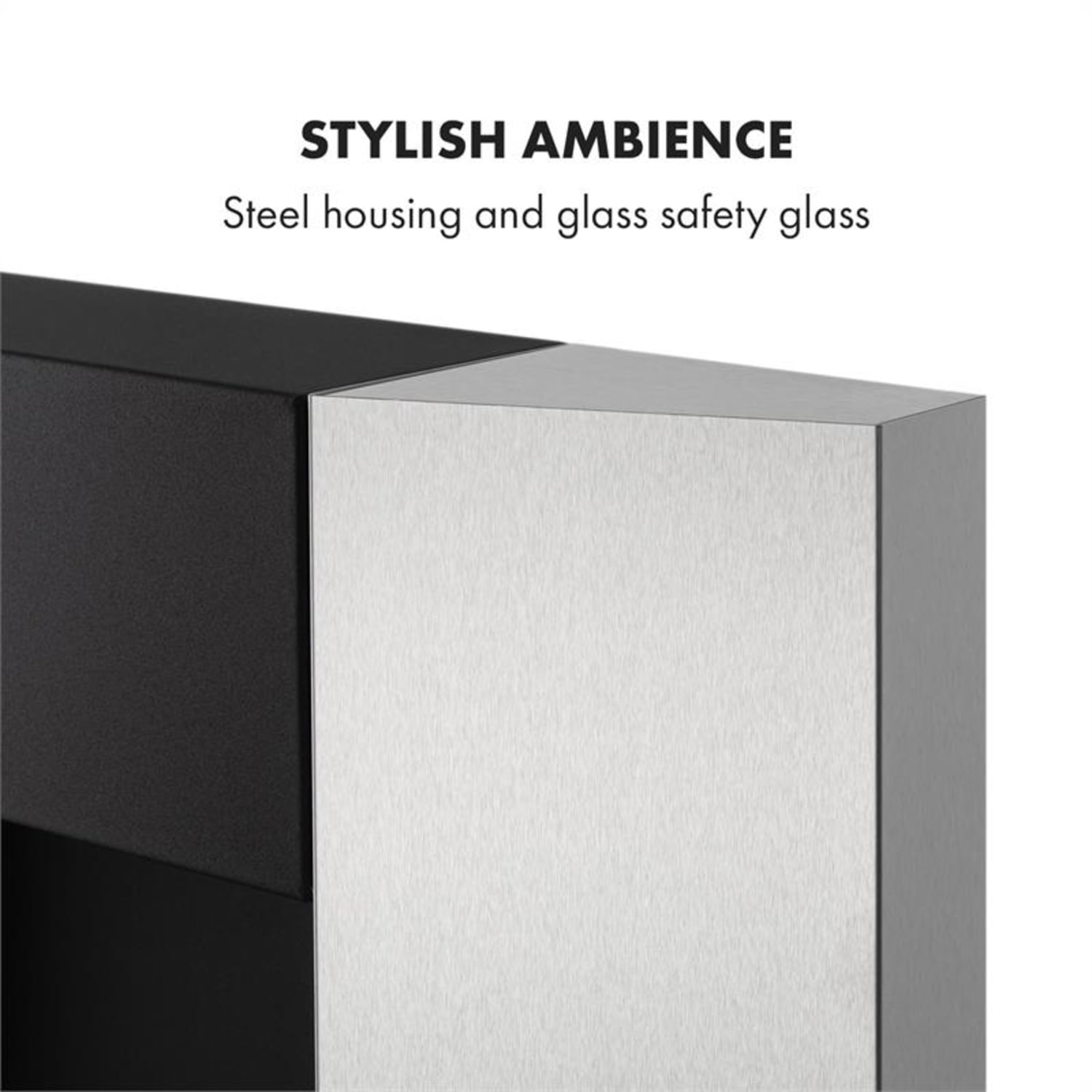 Nahaufnahme einer schwarz-silbernen Ecke mit Stahlgehäuse und Glas.
