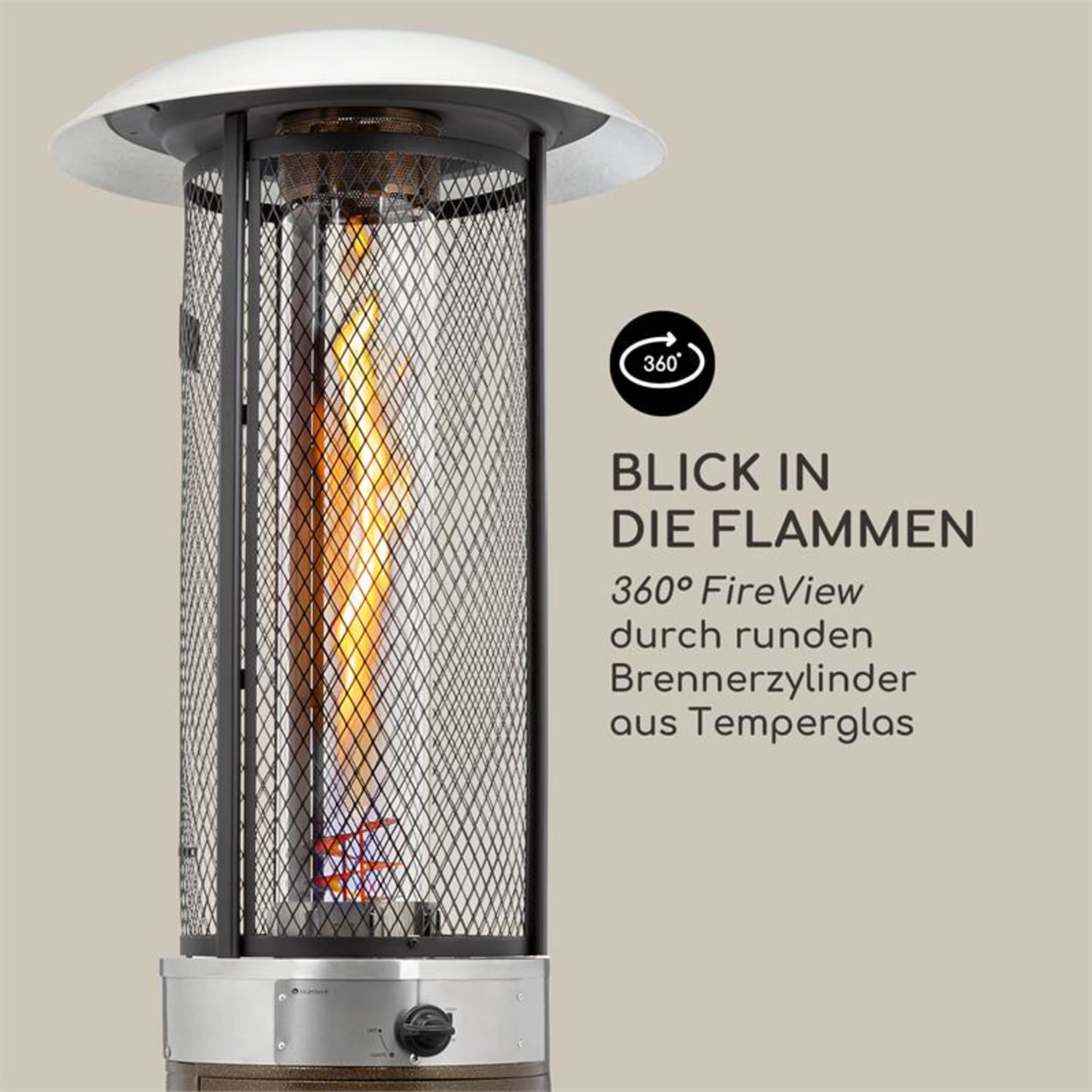 Gasheizer mit Flamme, Metallgitter und weißem Deckel. Text: Blick in die Flammen.