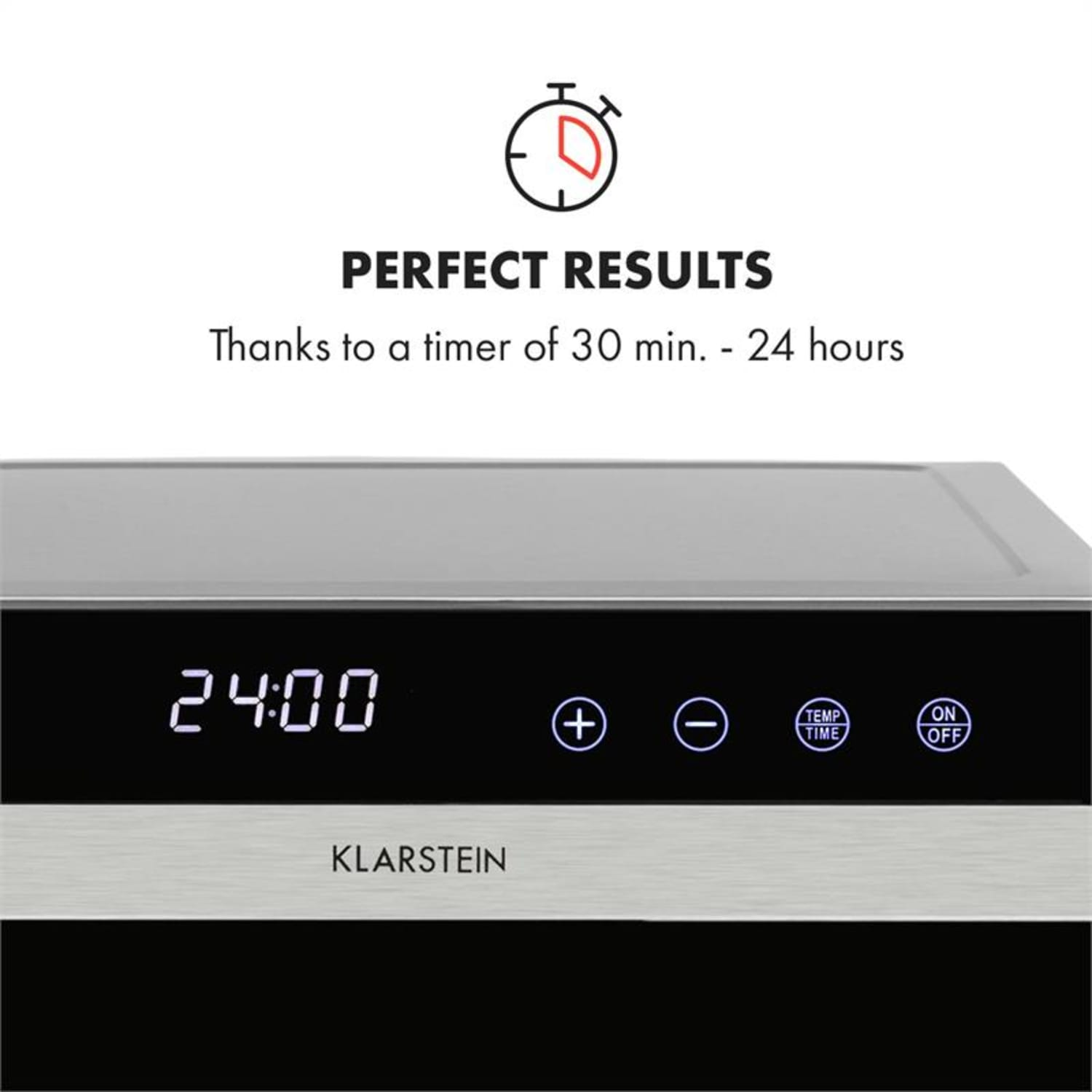 Display digitale con numeri e pulsanti. Testo: 'Risultati perfetti' e '24:00'.