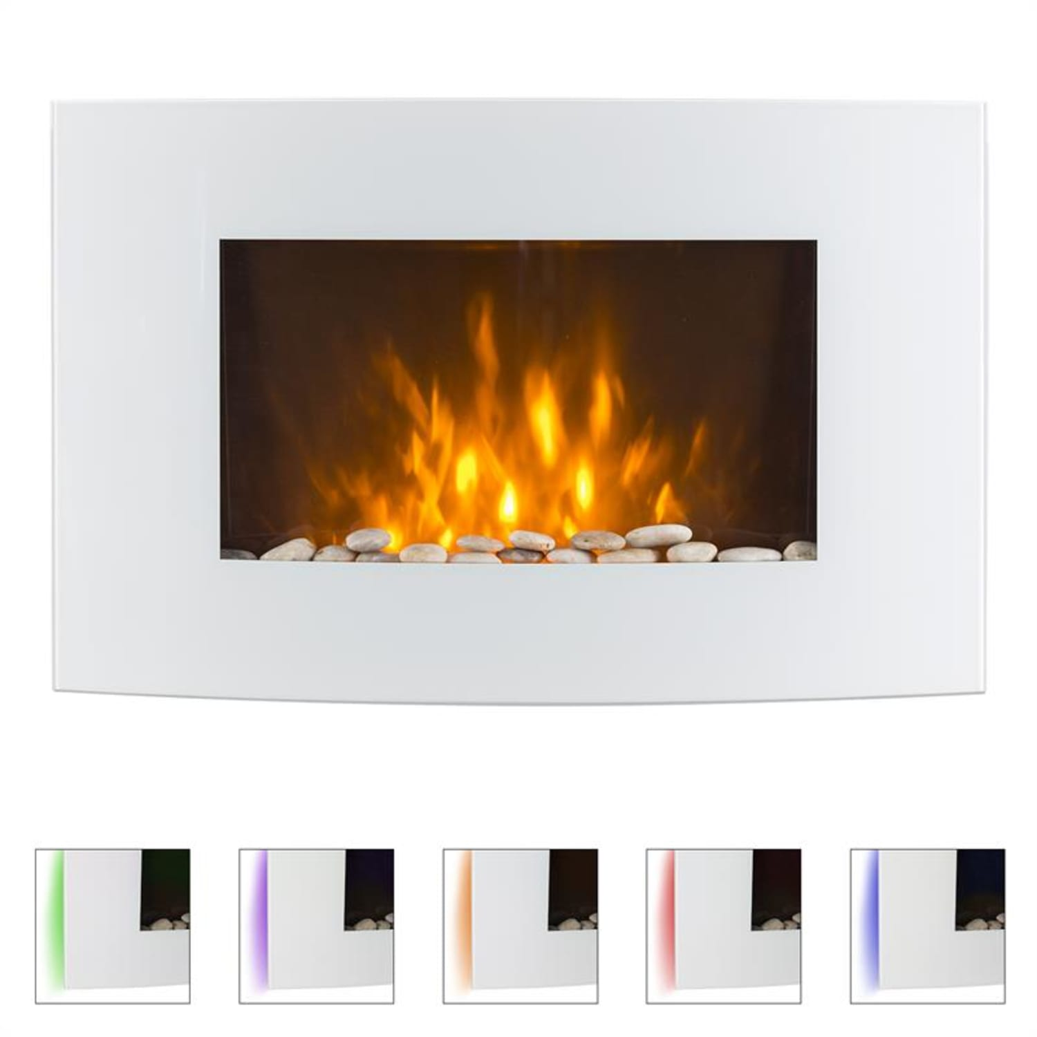 Caminetto elettrico bianco con fiamme, cornice bianca. Ciottoli alla base.