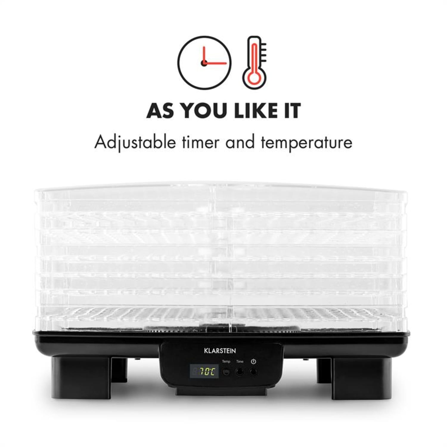 Dörrgerät mit transparenten Tabletts und Digitalanzeige. Das Produkt ist schwarz. Text zeigt einstellbare Zeit und Temperatur.