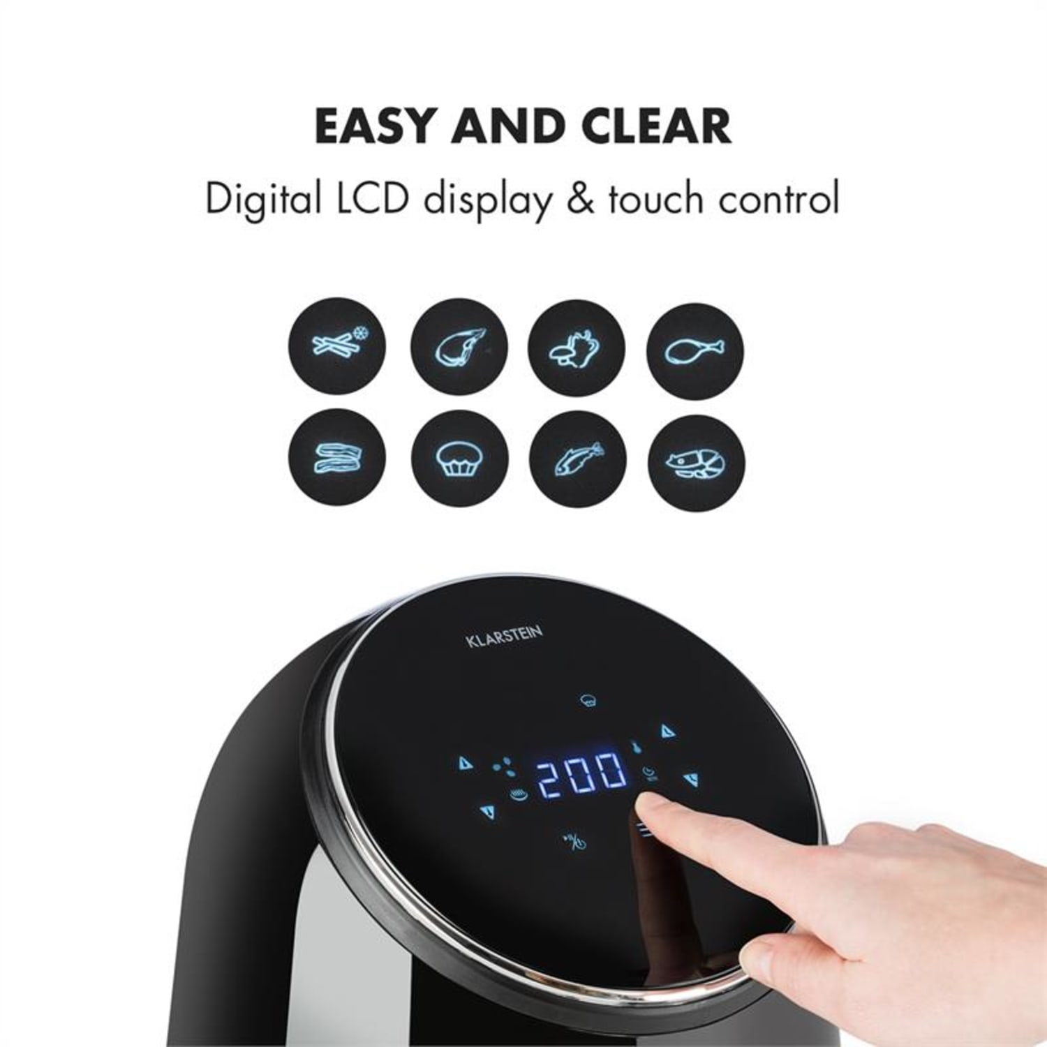 Friggitrice ad aria con display digitale, controllo touch e icone alimentari. Una mano tocca lo schermo.
