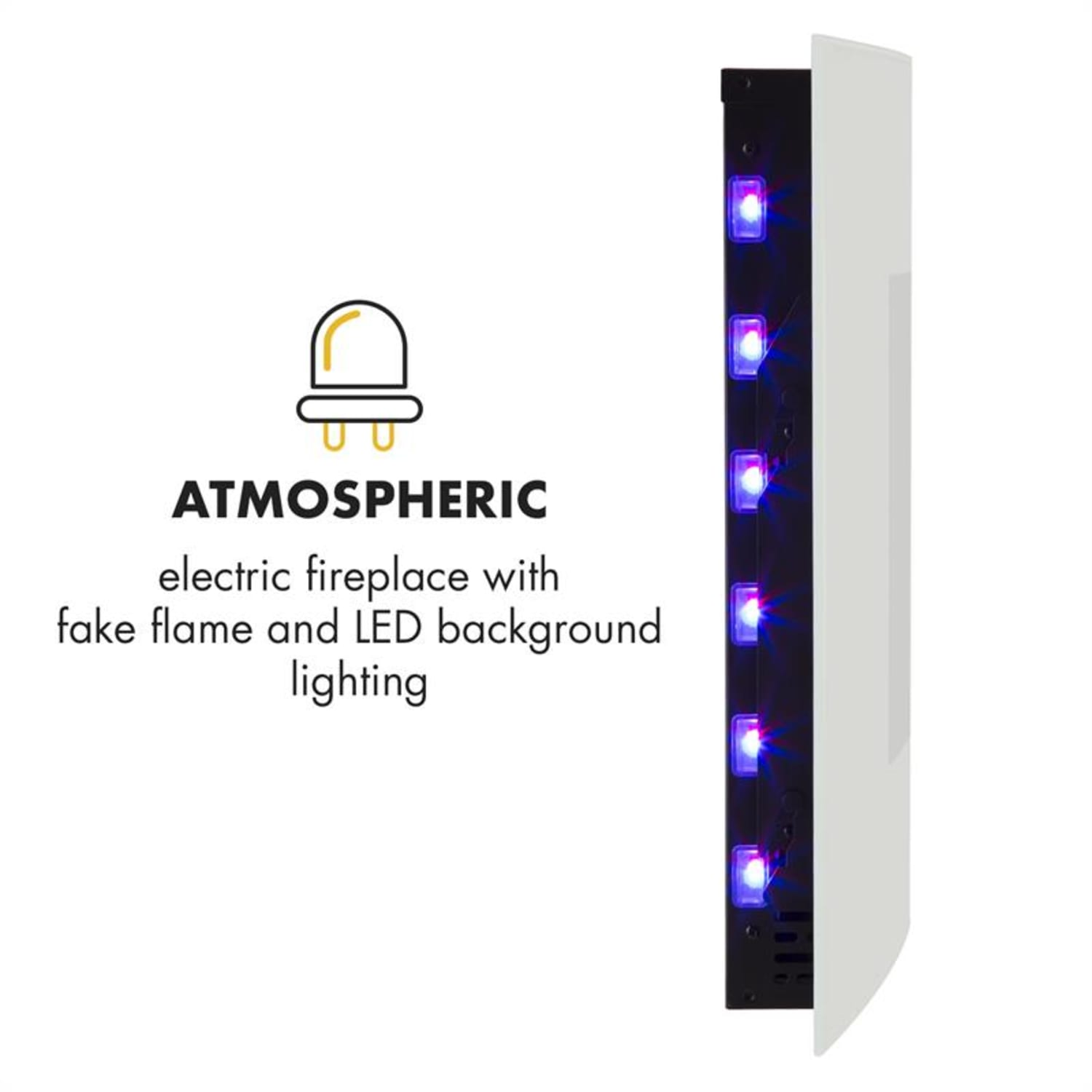 Caminetto elettrico moderno con luci LED blu. Superficie bianca, dettaglio nero.