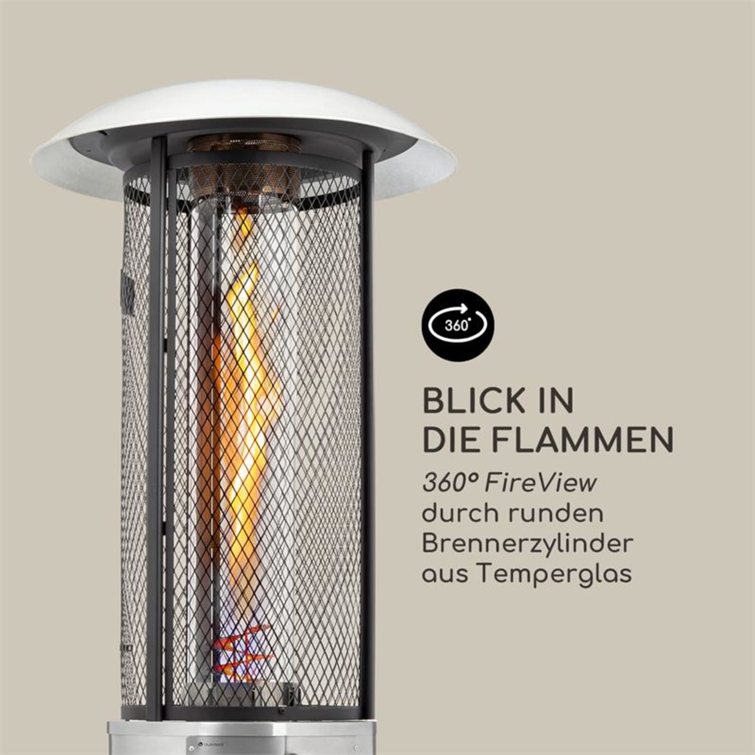 Outdoor-Heizstrahler mit Flammen, deutscher Text, beiger Hintergrund.