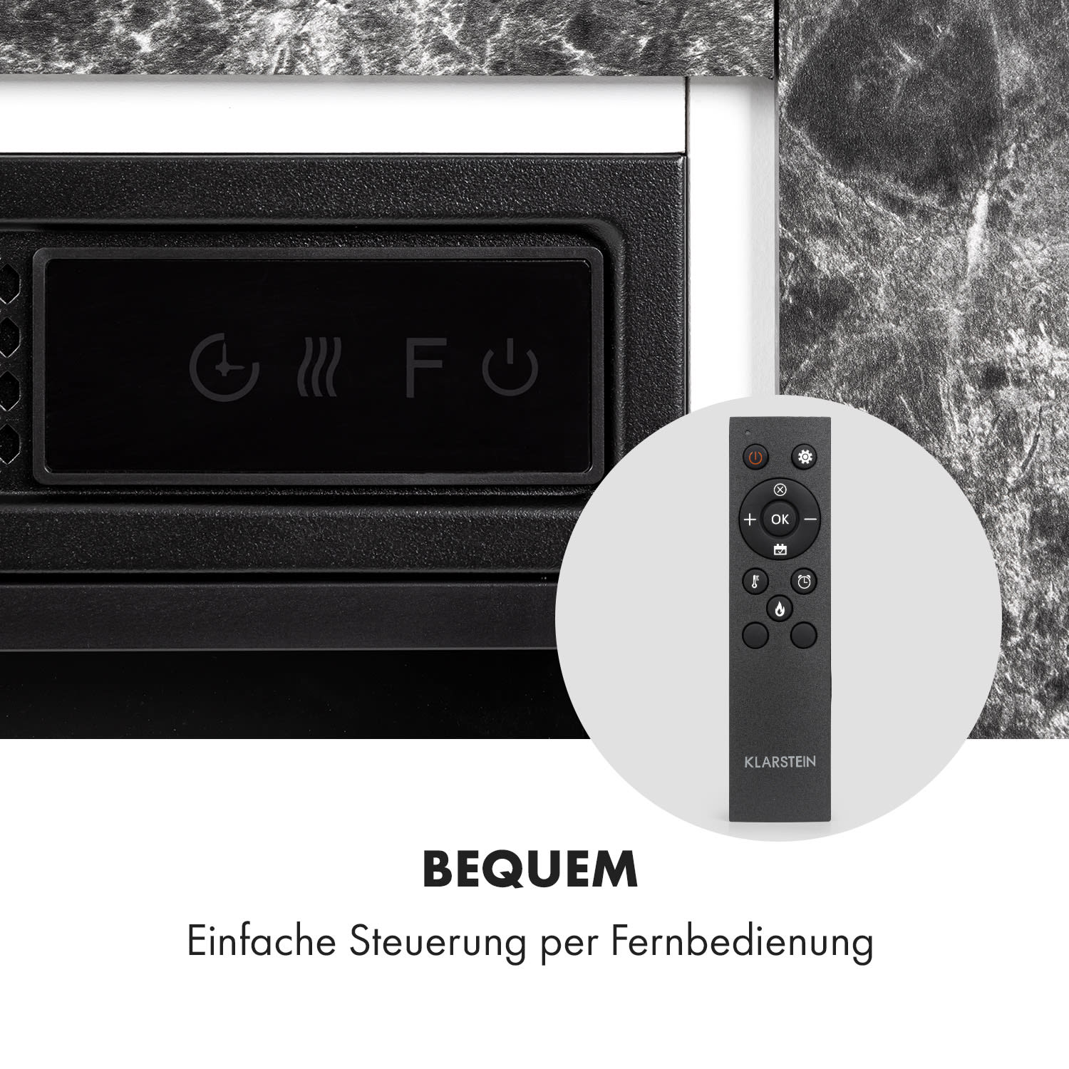 Schwarzes Bedienfeld und Fernbedienung. Panel hat Symbole für Strom, Wärme und Lüfter. Text: 'BEQUEM', 'Einfache Steuerung'.