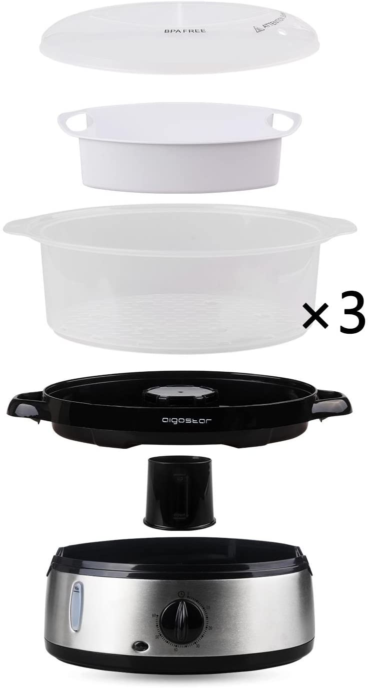 Vaporiera bianca smontata con base nera. Componenti: coperchio, cestelli e base.