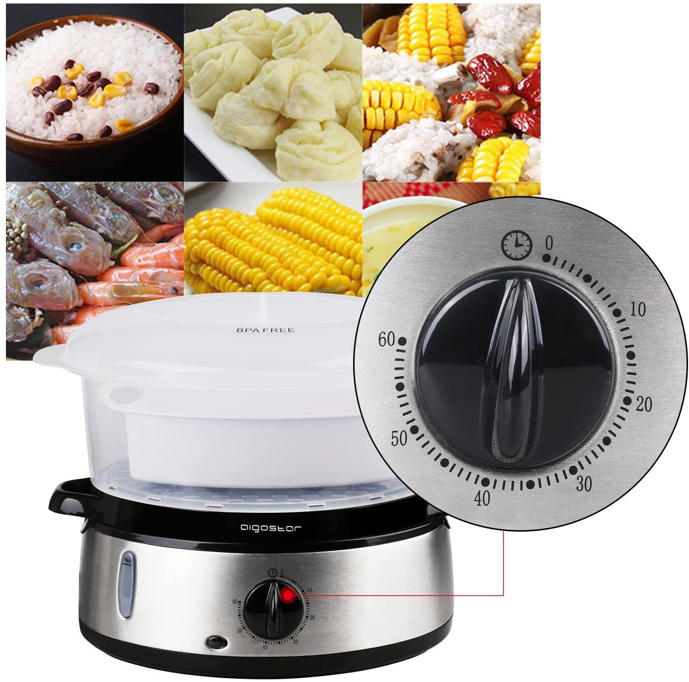 Vaporiera con timer e vari cibi: riso, gnocchi, mais, gamberi. Primo piano del timer.
