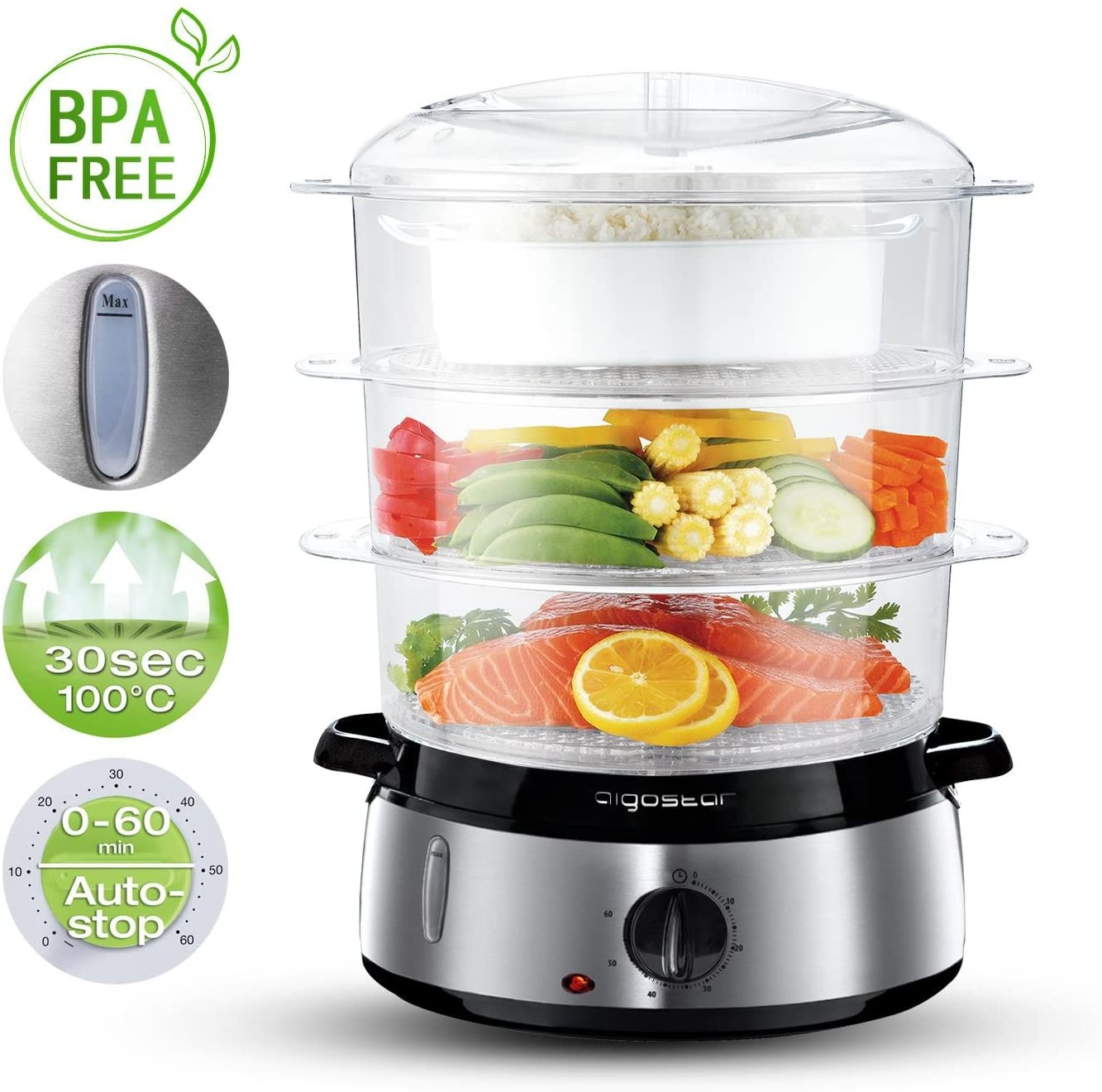 Un vaporizzatore con tre scomparti trasparenti con cibo, base argentata e timer.