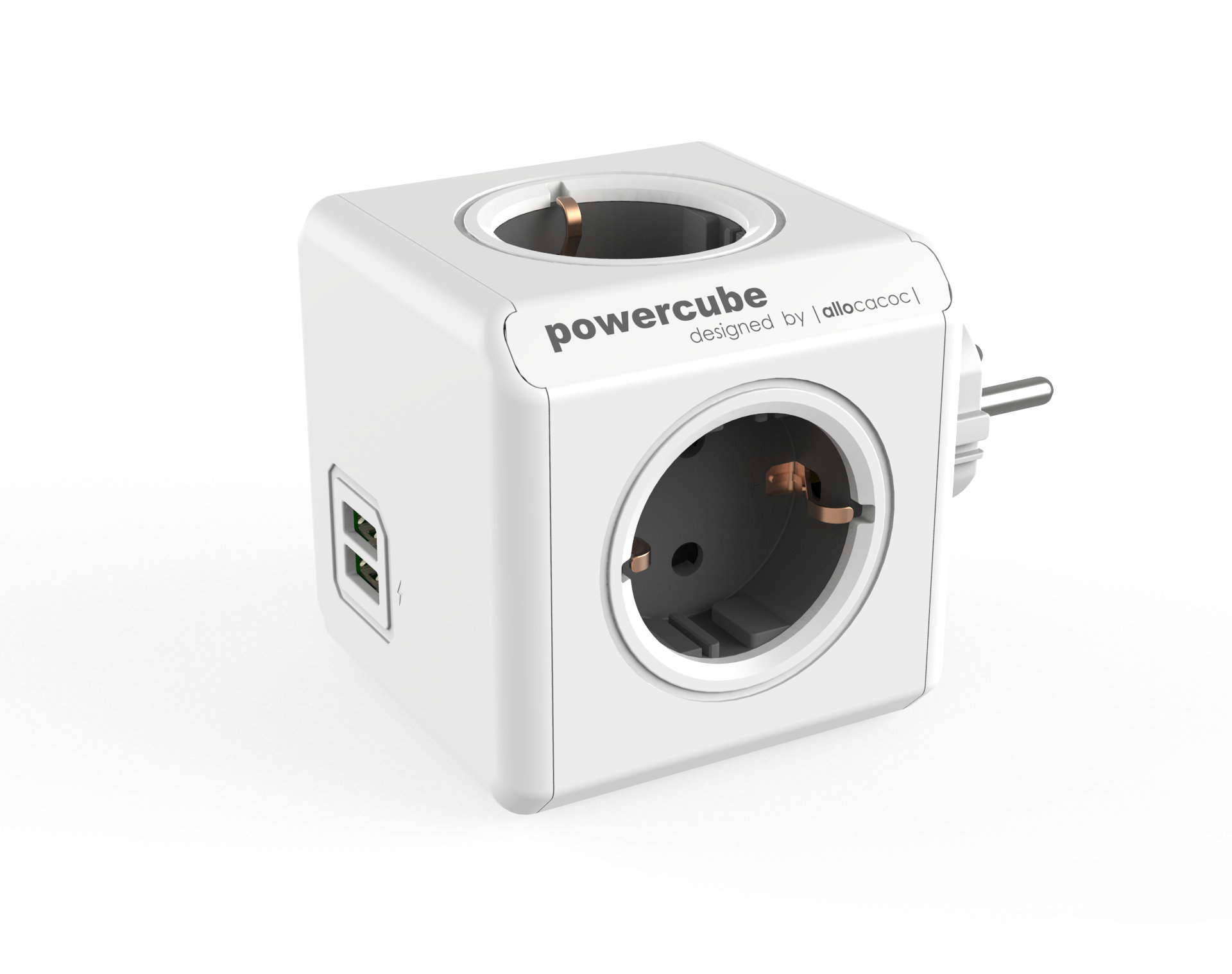 Ein weißer Würfel-Netzadapter mit drei Steckdosen auf drei Seiten und zwei USB-Anschlüssen auf einer Seite.