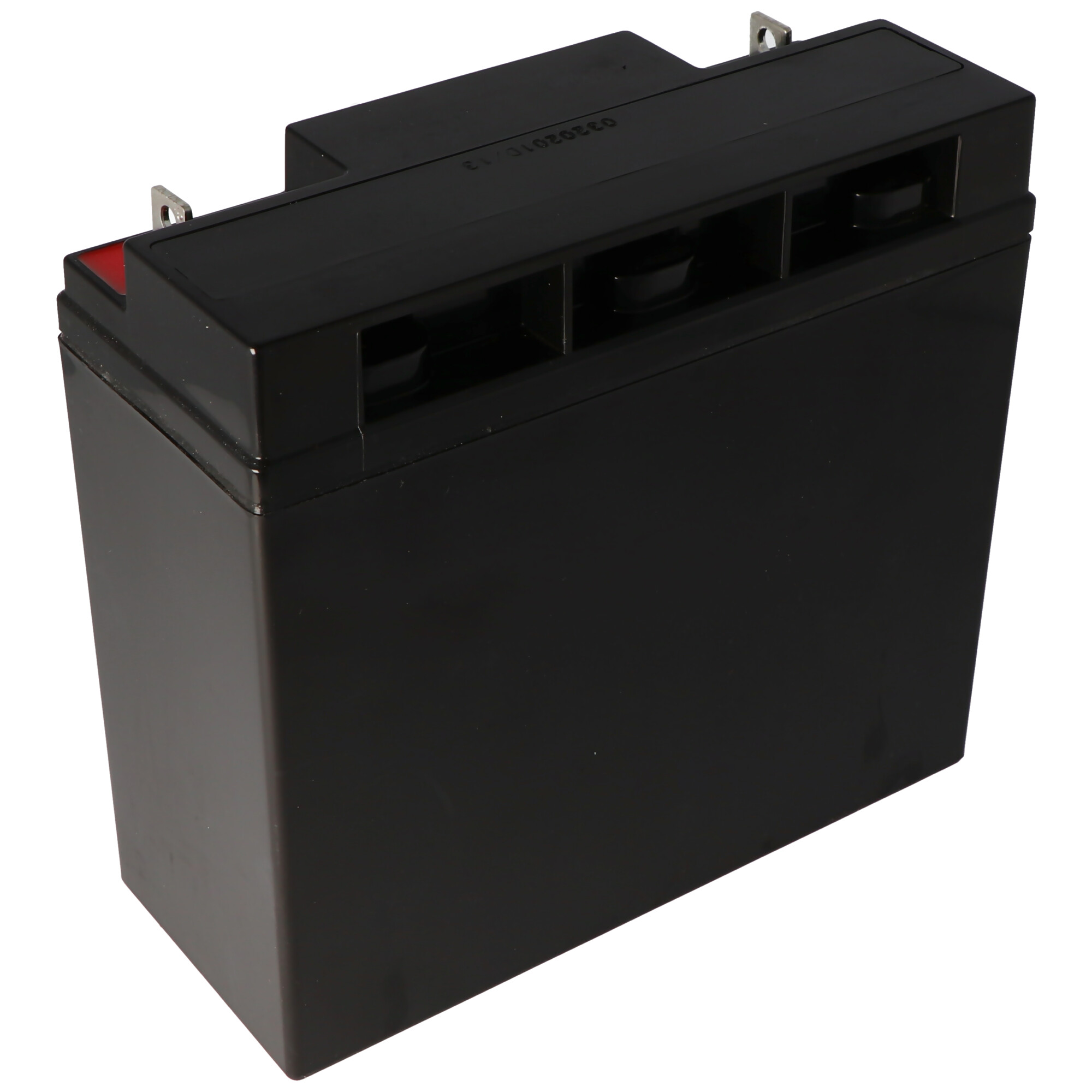 Zwarte rechthoekige batterij met aansluitingen, op een witte achtergrond.