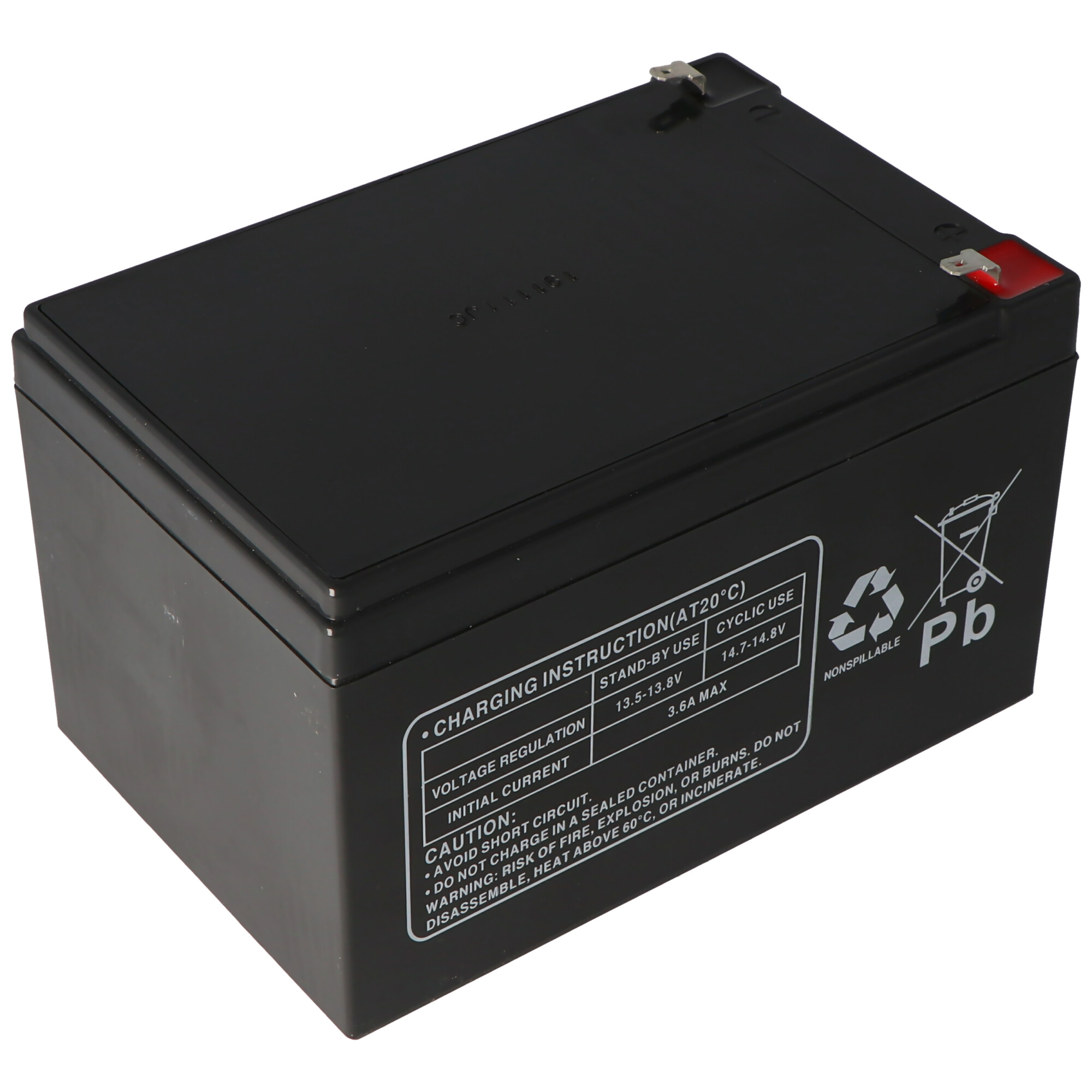 Schwarze rechteckige Batterie mit gedruckten Lade- und Sicherheitshinweisen.