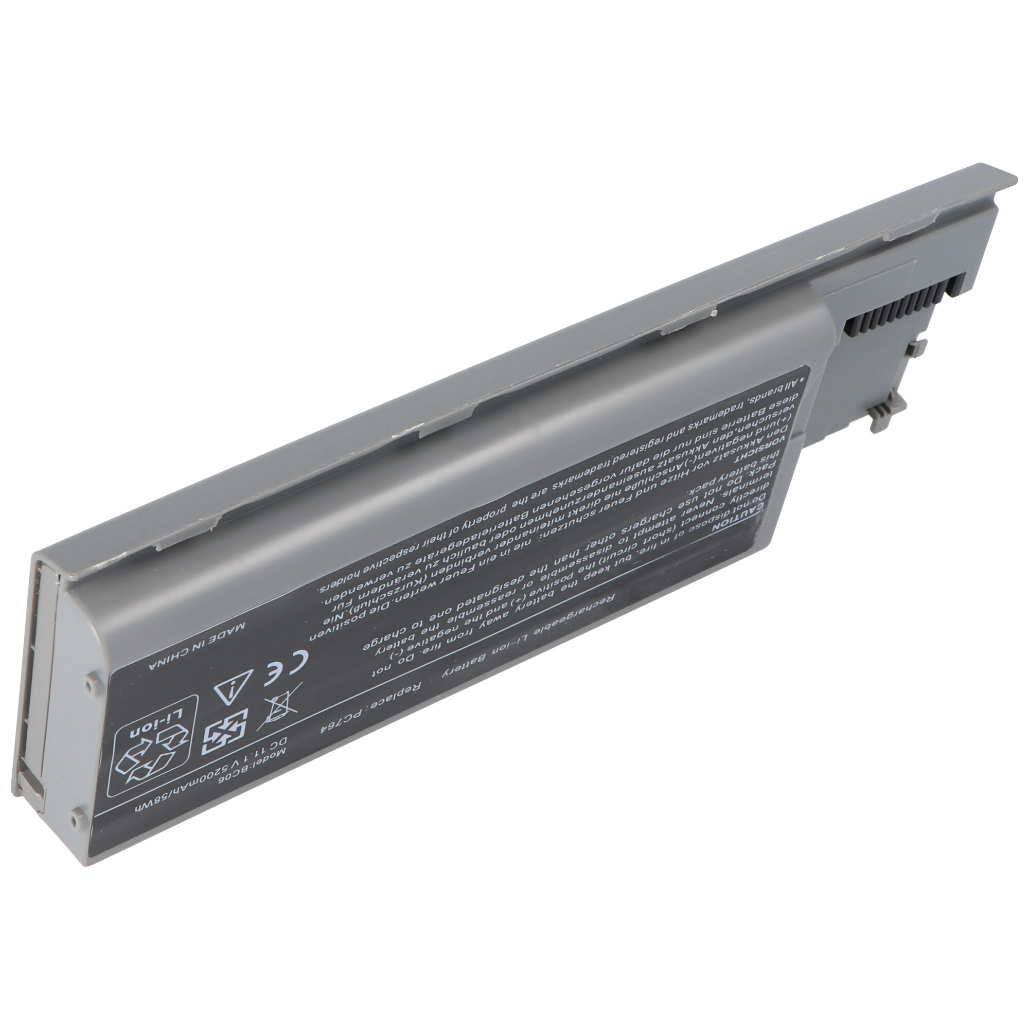 Ein grauer Laptop-Akku. Text auf der Batterie: Ersetzen: PC764. Li-Ionen-Akku. DC 11,1 V 5200 mAh/58 Wh.