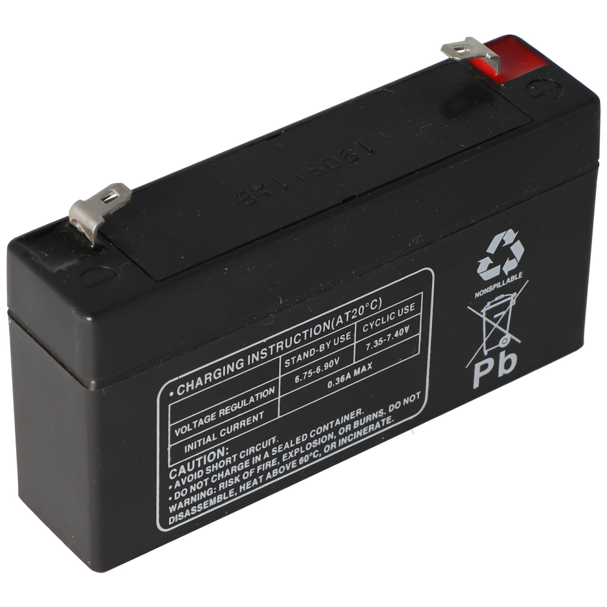 Schwarze rechteckige Batterie mit weißem Etikett und Metallanschlüssen oben.
