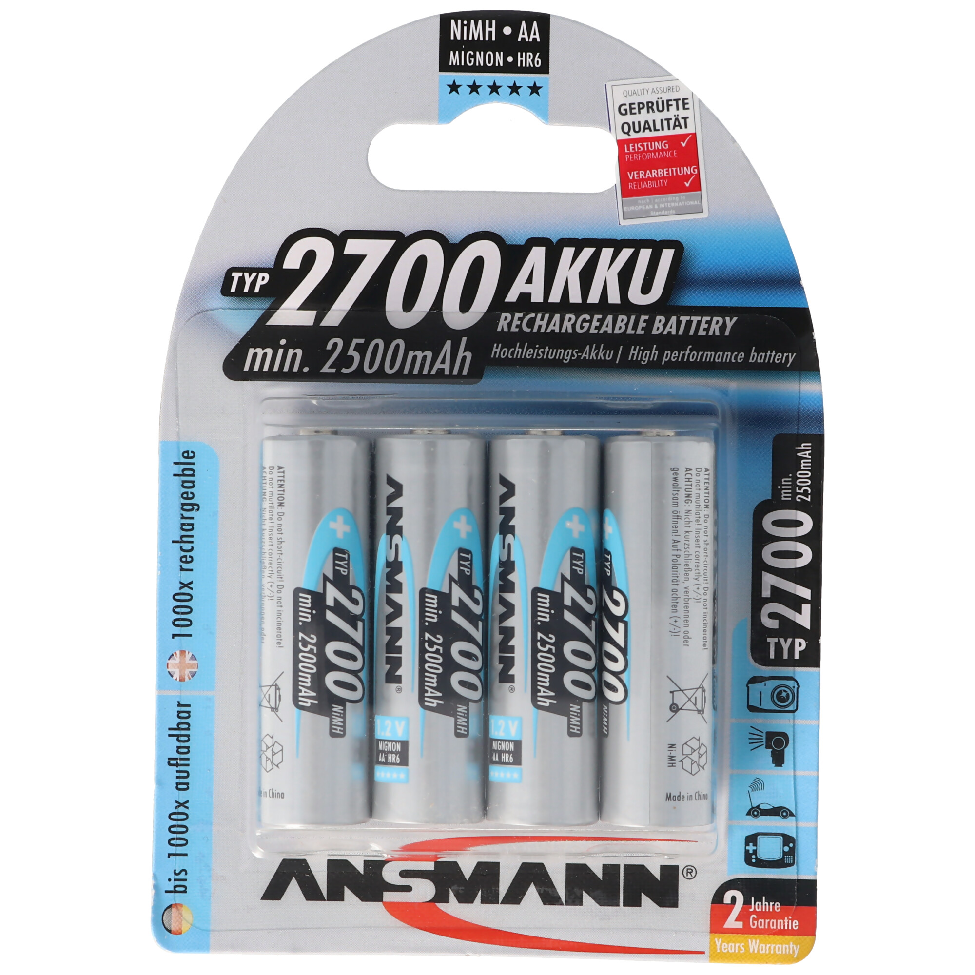 Een pakje AA-batterijen. Het heeft vier batterijen en een label met details over de batterij.