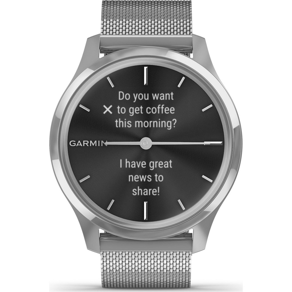 Garmin Smartwatch mit schwarzem Bildschirm, der eine Frage und den Text 'Ich habe tolle Neuigkeiten' anzeigt.