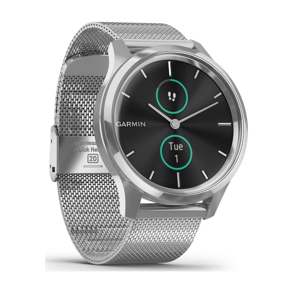 Silberne Garmin Smartwatch mit schwarzem Bildschirm, zeigt Zeit und Schritte. Weißer Hintergrund.