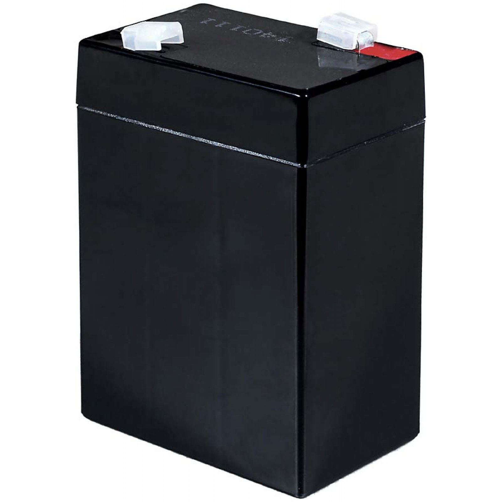 Batería negra. Carcasa rectangular negra con conectores blancos e indicador rojo.