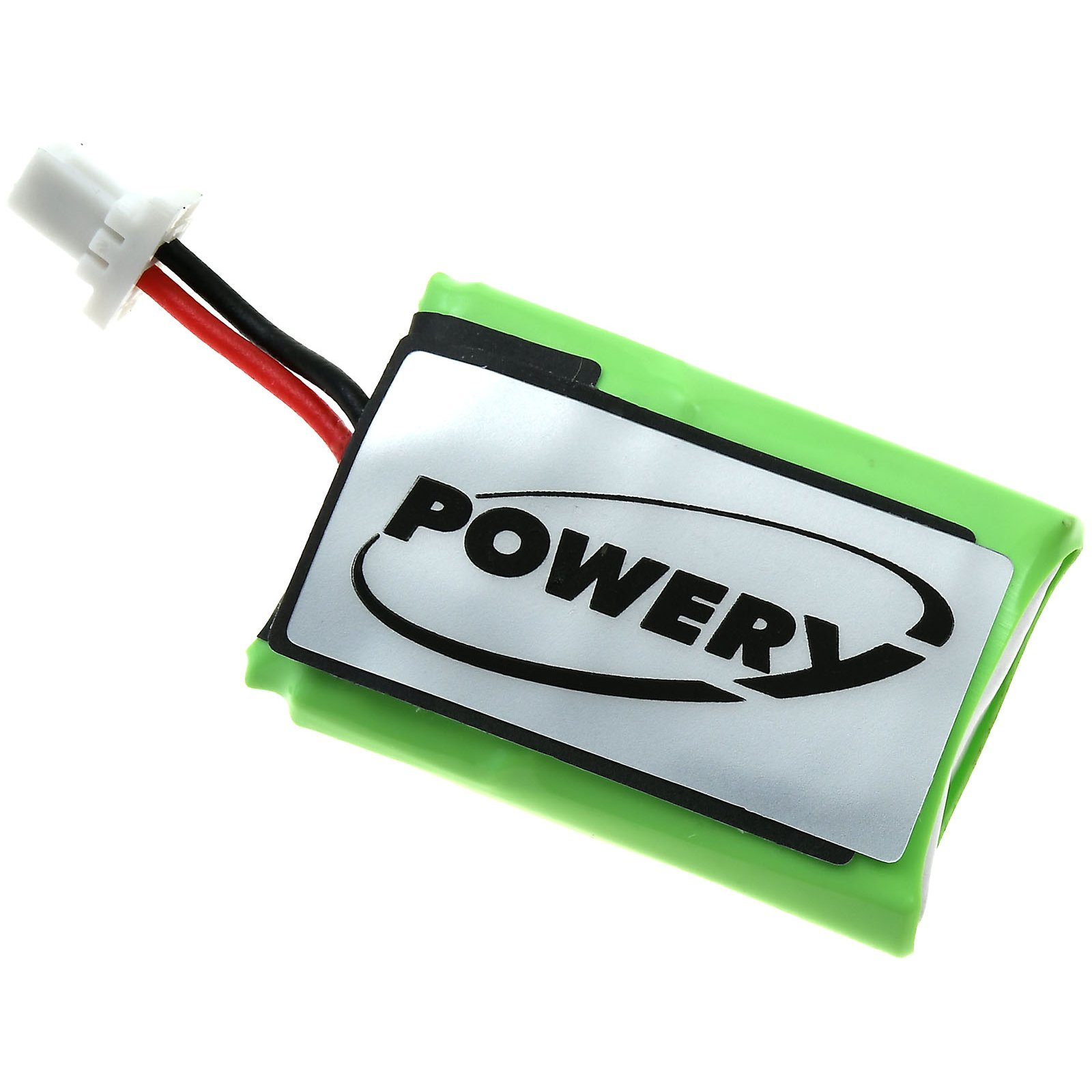 Una batería verde con una etiqueta blanca que dice 'POWERY'. Fondo blanco.