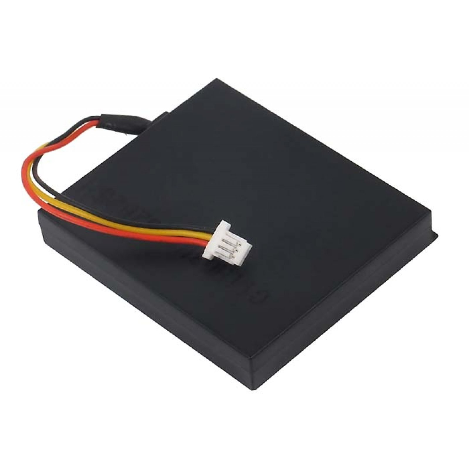 Schwarzer Akku mit mehrfarbigen Drähten und einem weißen Stecker. Der Akku ist rechteckig.