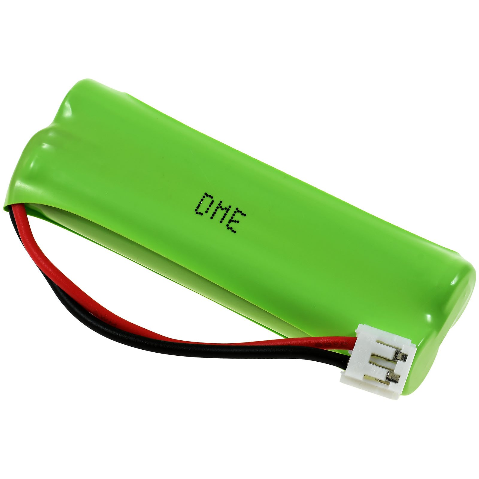 Una batería verde con cables negro y rojo, y un conector blanco.