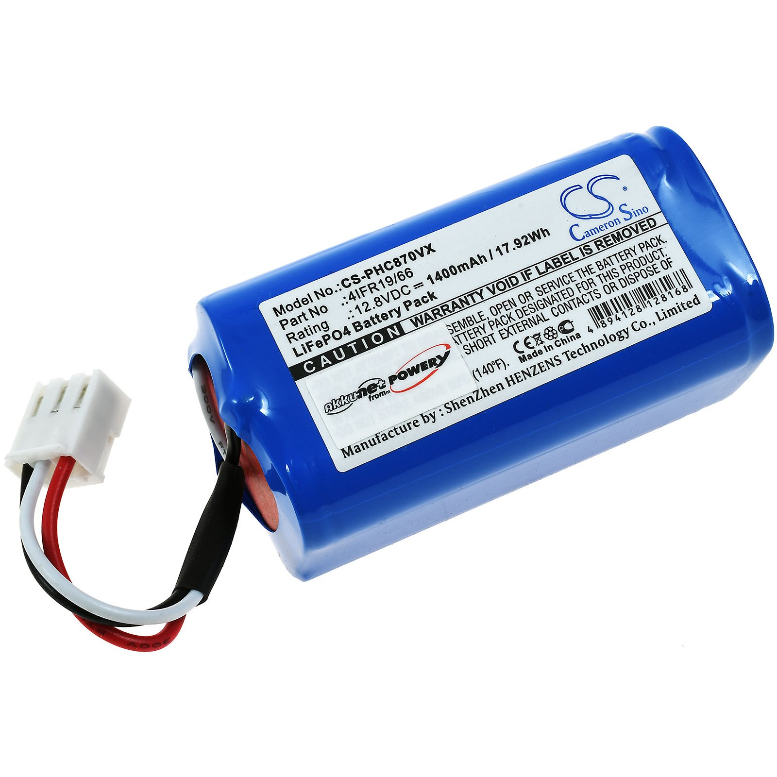 Blauer zylindrischer Akku mit weißen Anschlüssen und Kabeln. Aufschrift: 12,8 VDC, 1400 mAh, 17,92 Wh.