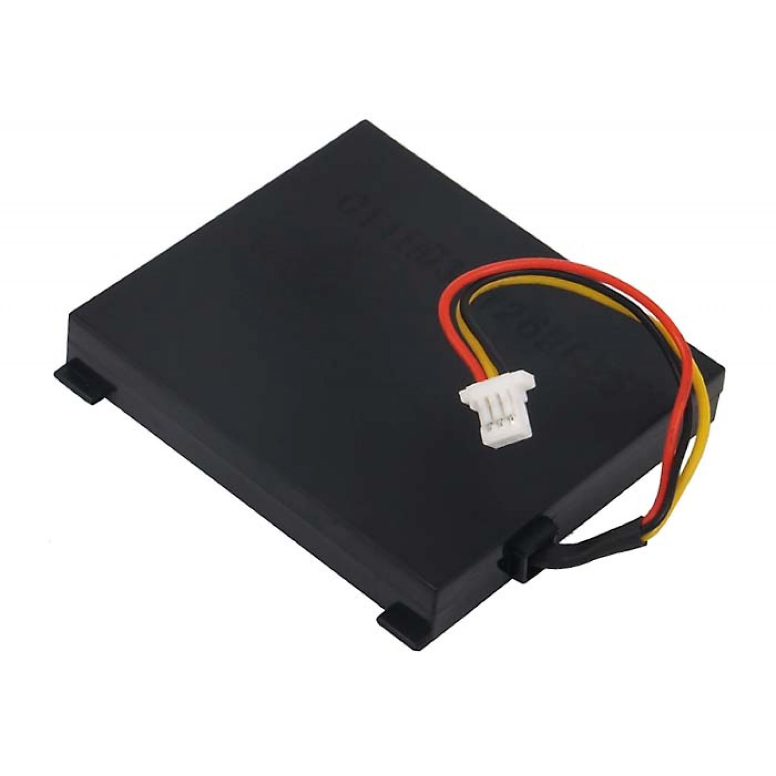 Schwarze Batterie mit Anschlüssen. Rechteckiges, schwarzes Gehäuse mit farbigen Drähten.