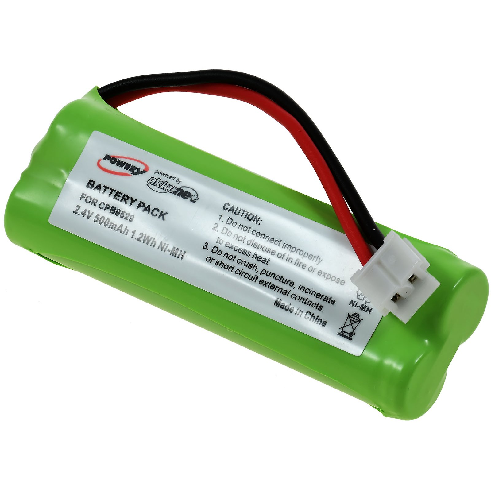 Un paquete de baterías verde con cables negros y rojos y un conector blanco. Etiquetas de texto en la batería.